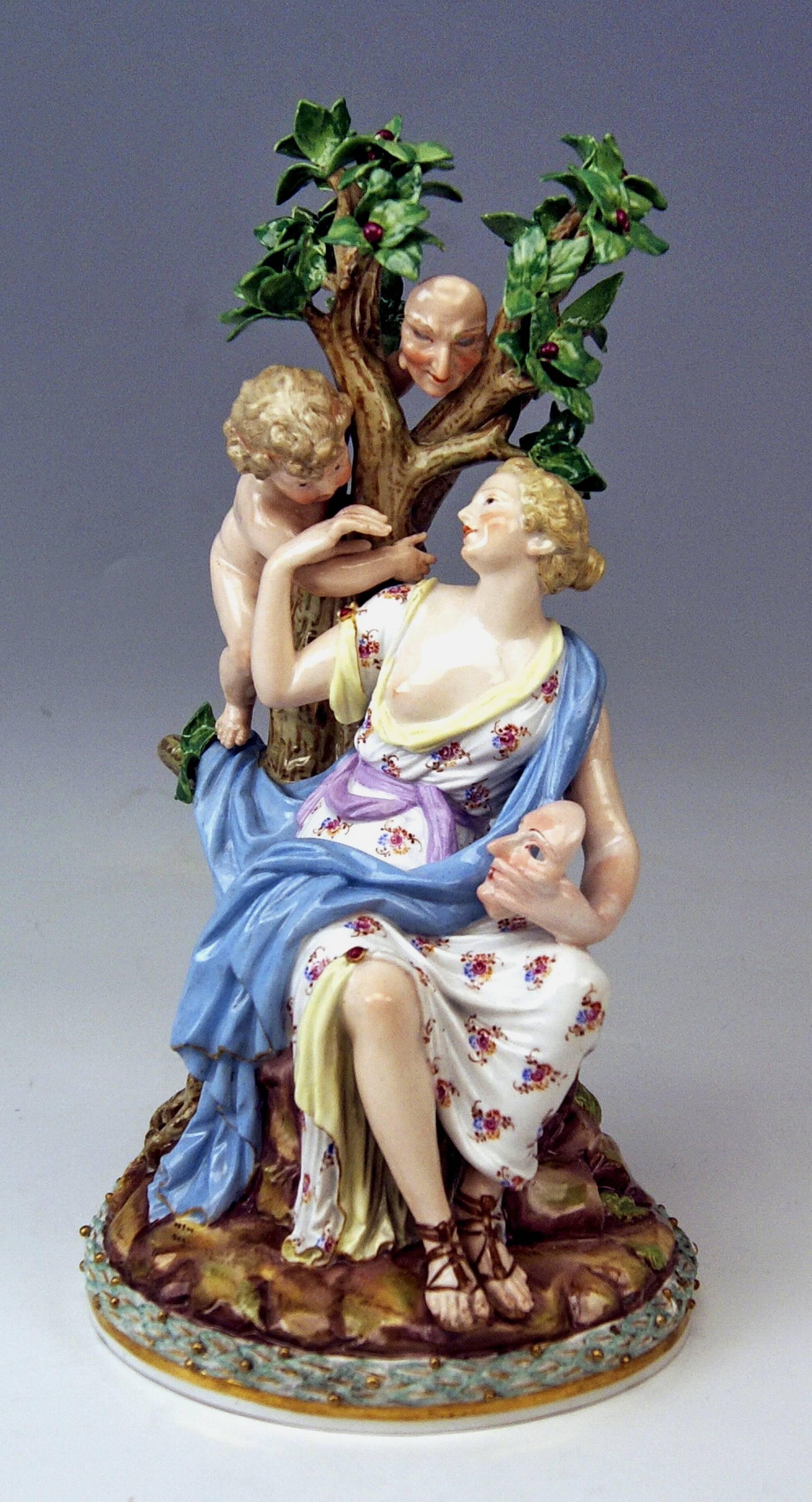 Meissen Gorgeous figurine group:
It is Muse Thalia with boy child, probably created by Johann Joachim Kaendler (circa 1772).

Manufactory: Meissen.
Hallmarked: Blue Meissen Sword Mark (underglazed).
First quality. 
Dating: made circa