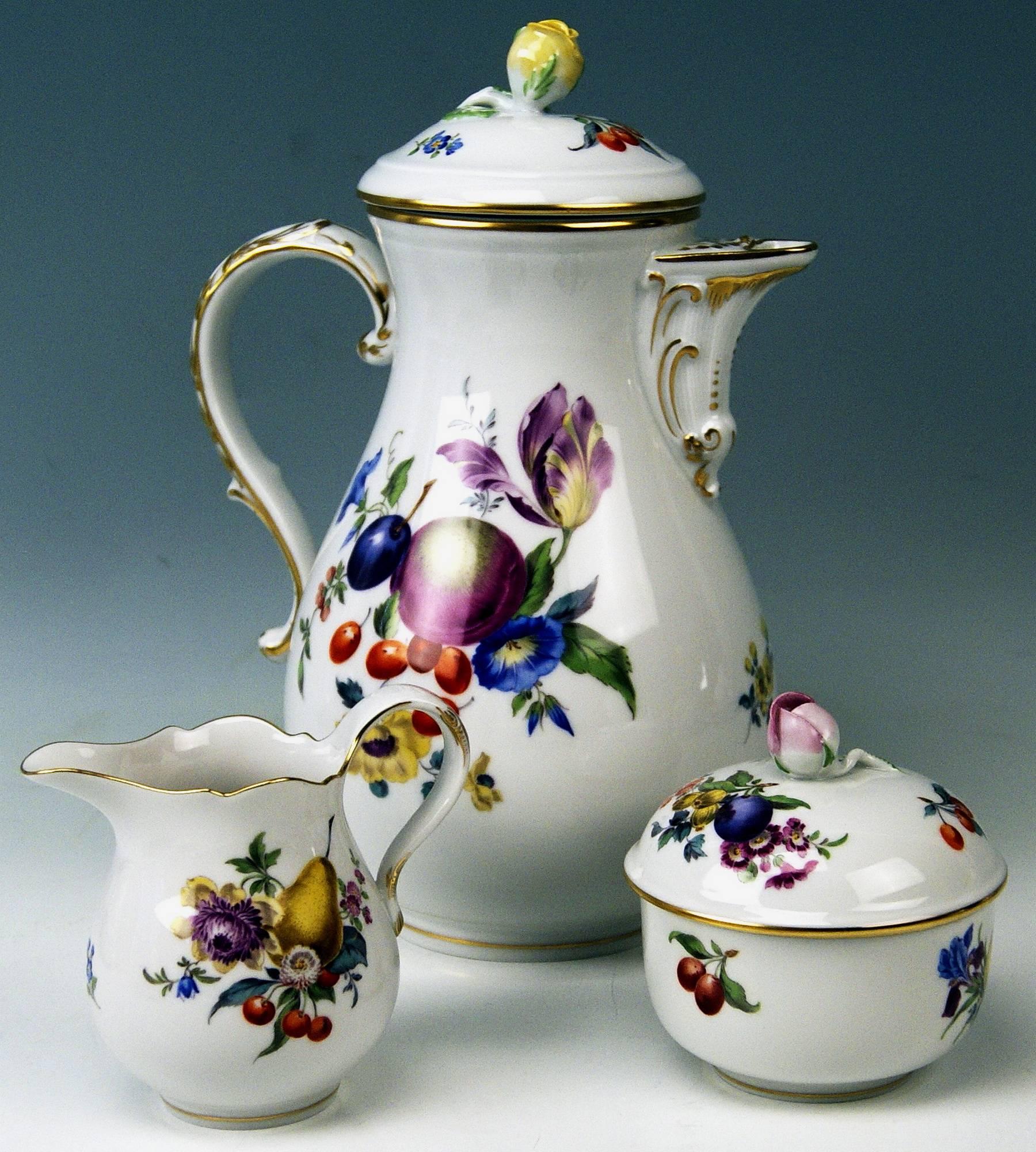 We invite you here to look at a splendid Meissen coffee set for six persons: 

This coffee set is of finest appearance due to gorgeous various multicolored flower paintings (flower bouquets and strewn flowers) paired with fruits/decor number