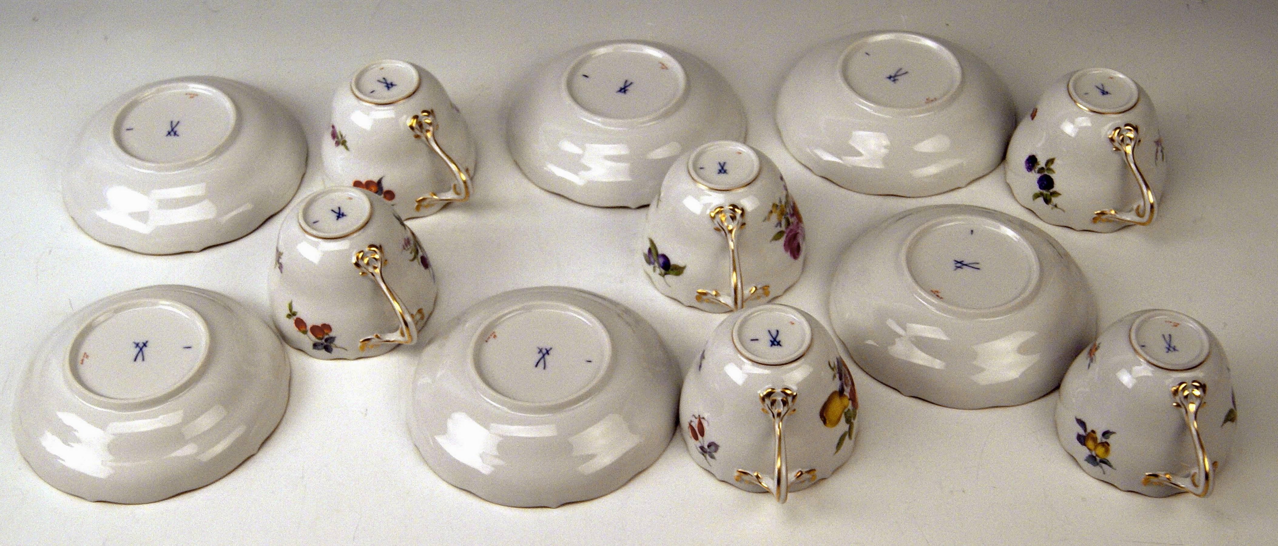 Porcelain Meissen Coffee Set Six Persons Rare Decor Flower Bouquet, 20th Century