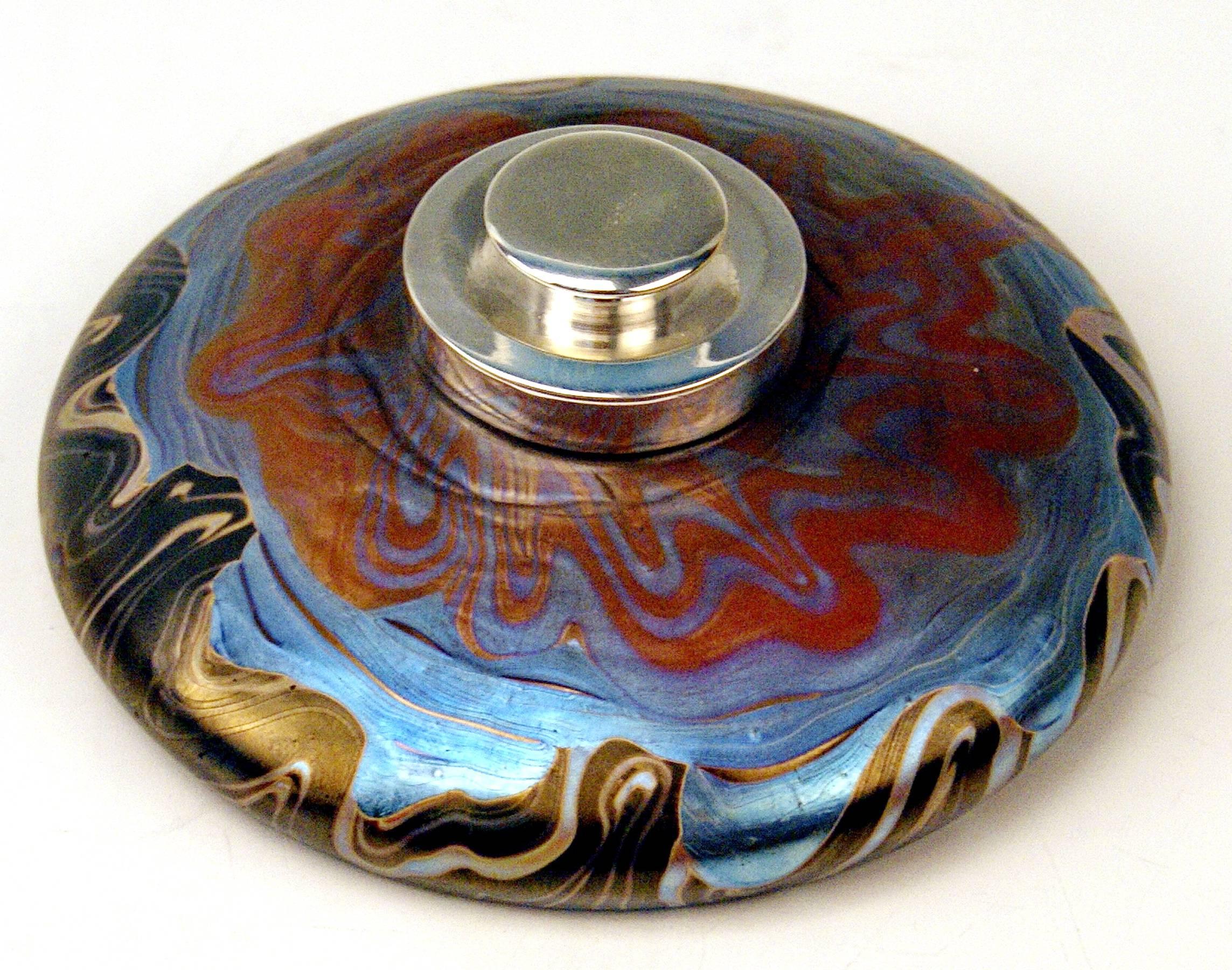 Gorgeous inkstand, inkpot or inkwell Loetz Widow Art Nouveau. 

Made by Loetz / Klostermuehle (Bohemia / Old Imperial Austria), circa 1901.
Decor: Phaenomen Gre 358 / Form 85-3930 / Glass shaded in different colors.

Stunning and rarest Decor
