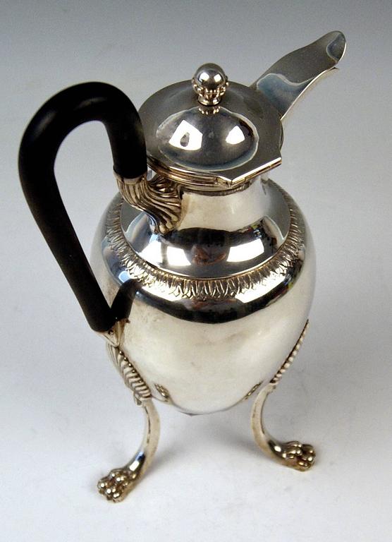 Sterling Silver Silver Empire Chocolate Coffee Pot with Handle by F.Hellmayer Vienna, circa 1809 For Sale
