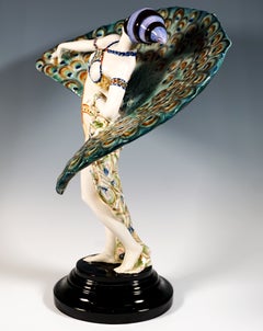 Goldscheider Vienna Art Deco Dancer in Peacock Costume, By Paul Philippe, c 1925