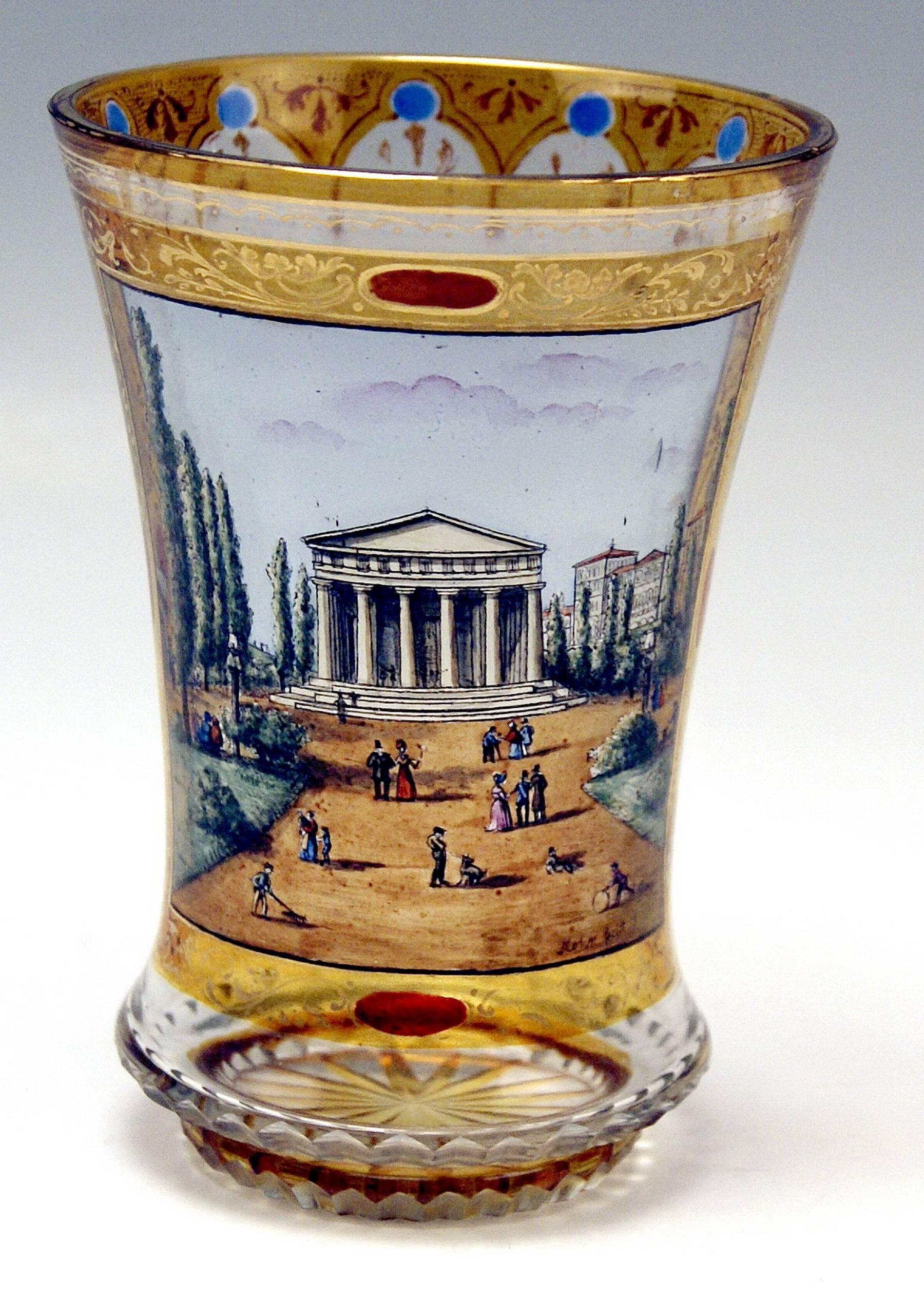 Fine glass beaker/colorless cut-glass of Biedermeier period, with painted view of theseus temple in Vienna: Picture created by follower of Gottlob Samuel Mohn (1789-1825)   /  made circa 1830-1840.

Specifications: 
Stunningly manufactured