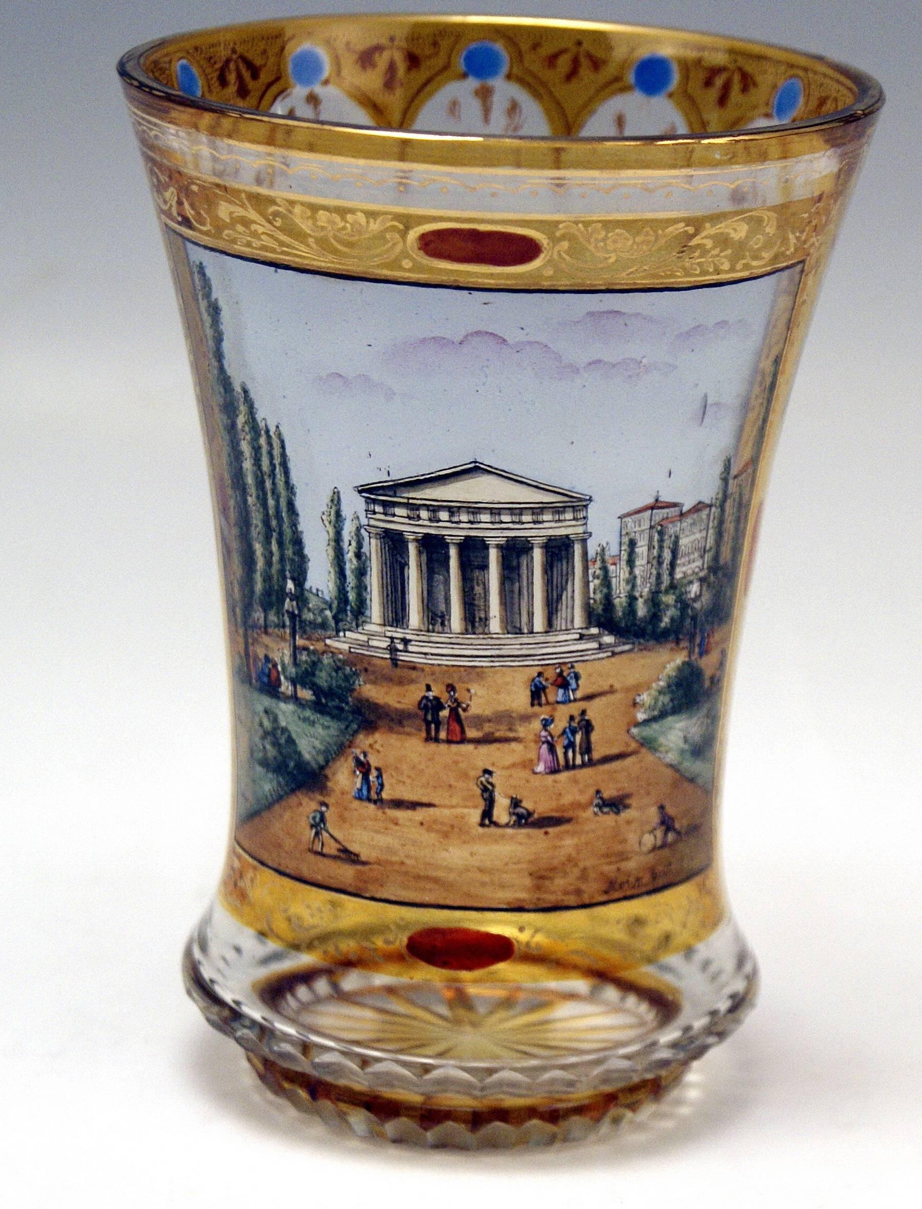 19th Century Glass Painted Biedermeier Beaker Theseus Temple Vienna Follower G.Mohn / c.1840