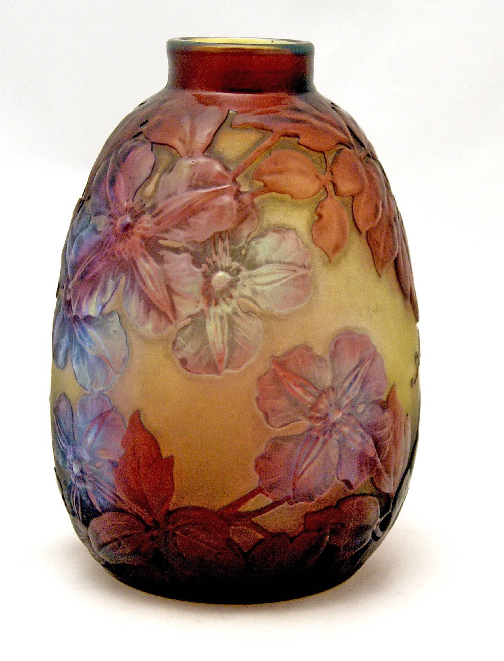 Gallé Nancy Art Nouveau bellied vase made in France (Nancy, Lorraine)/made, circa 1920. 

Specifications: 
Stunningly manufactured casing glass (yellow and violet shaded.)
The bellied vase is of tapering as well as of oblong form type/it has