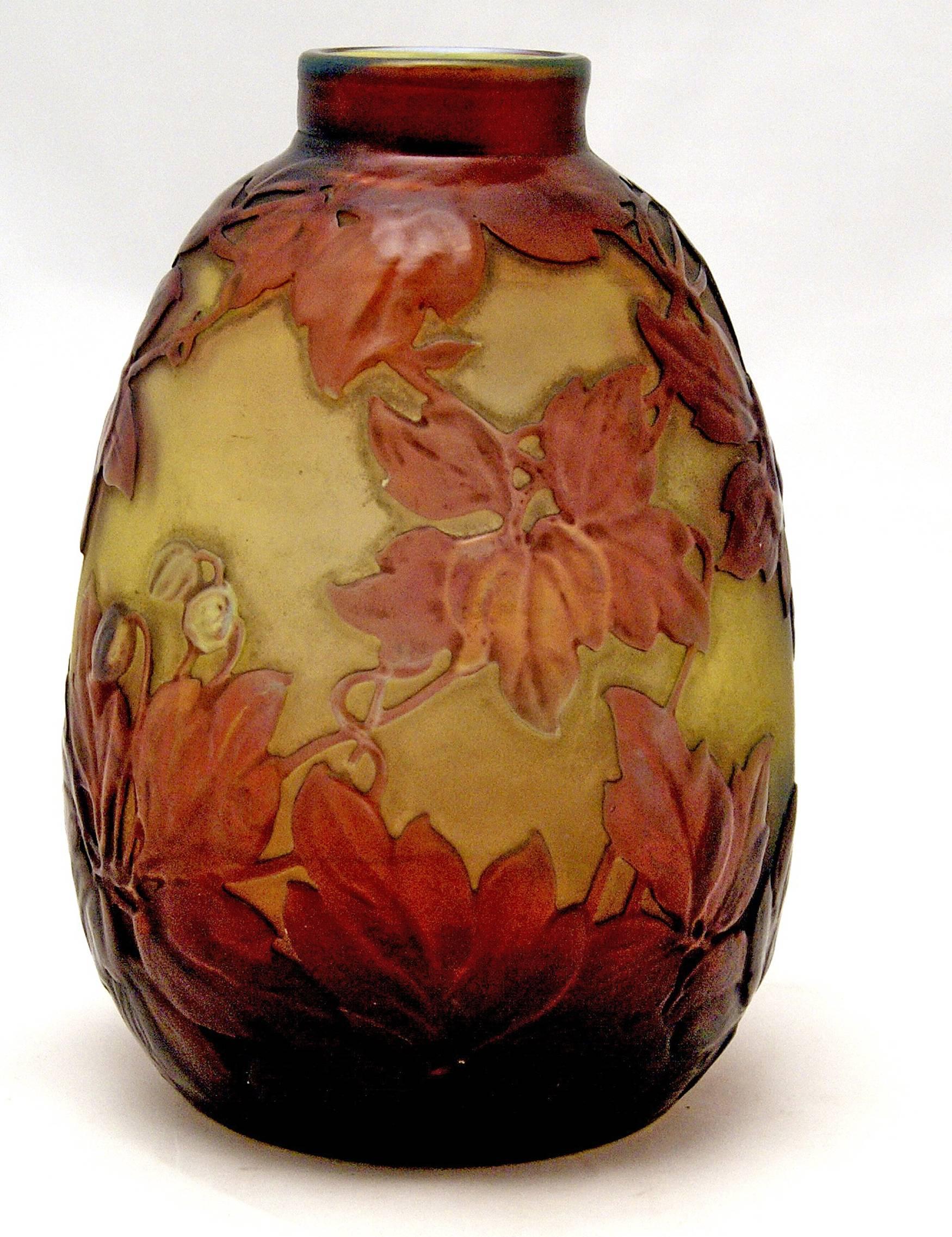 French Emile Galle Finest Bellied Vase Gallé Nancy Art Nouveau Clematis Flowers c.1920