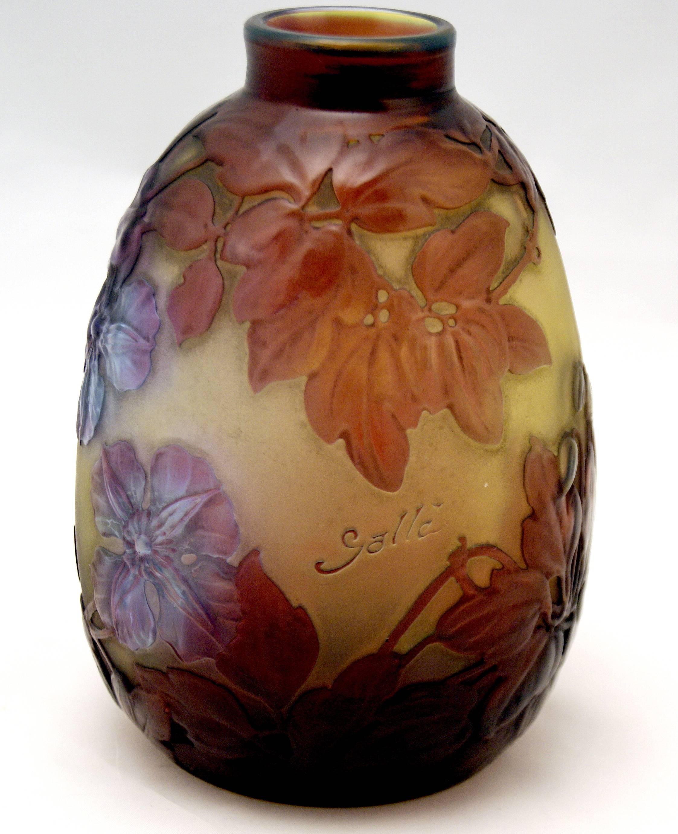 Glass Emile Galle Finest Bellied Vase Gallé Nancy Art Nouveau Clematis Flowers c.1920