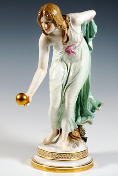 Meissen Art Nouveau Figurine, Young Lady Ball Player, by Walter Schott, Ca 1900