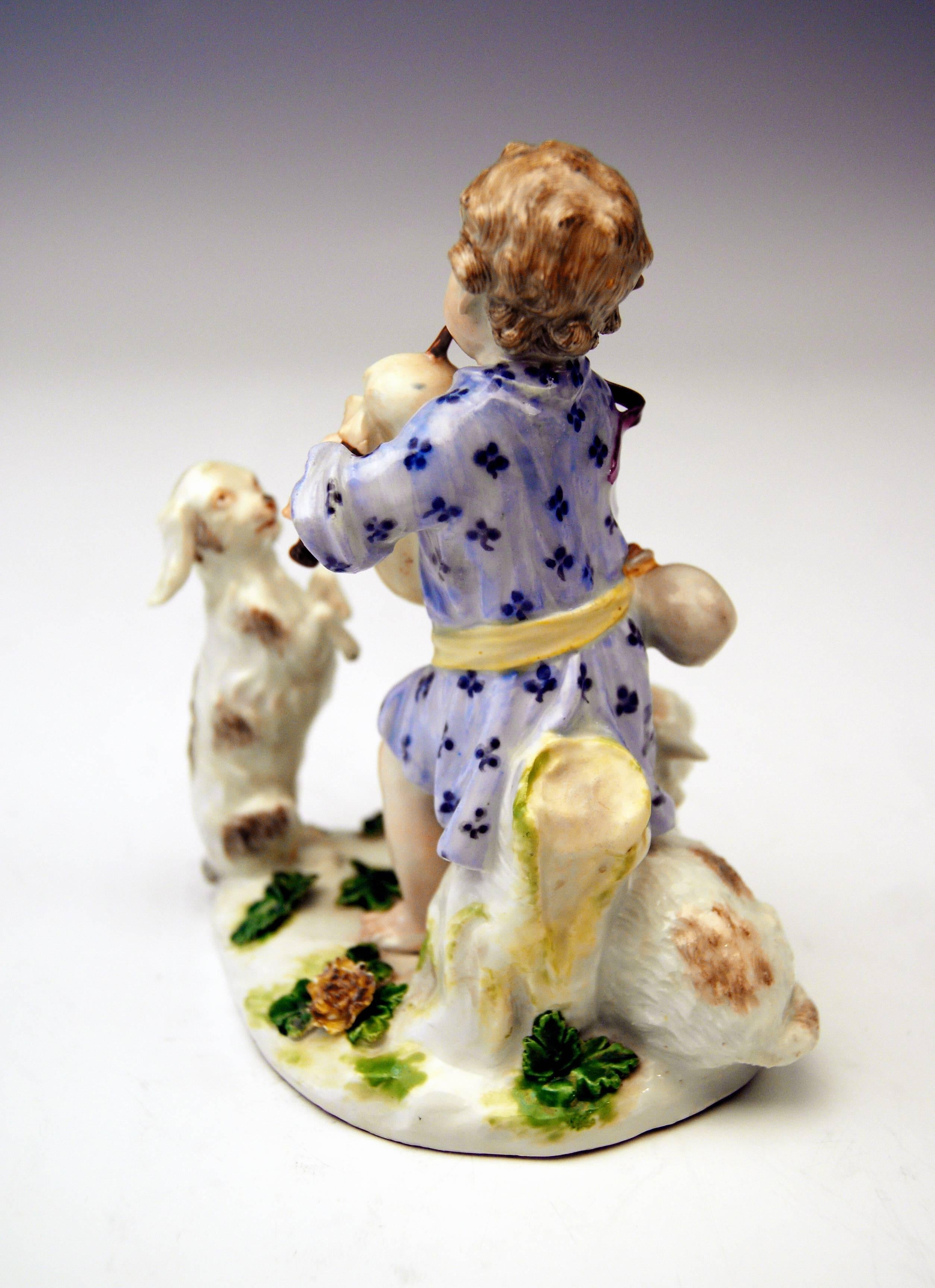 Meissen gorgeous as well as lovely figurine group of 18th century: Shepherd boy playing bagpipes, watched by sheep and dog. 

Manufactory:  Meissen.
Dating: Middle of 18th century / made circa 1750.
This Meissen figurine group is marked by blue
