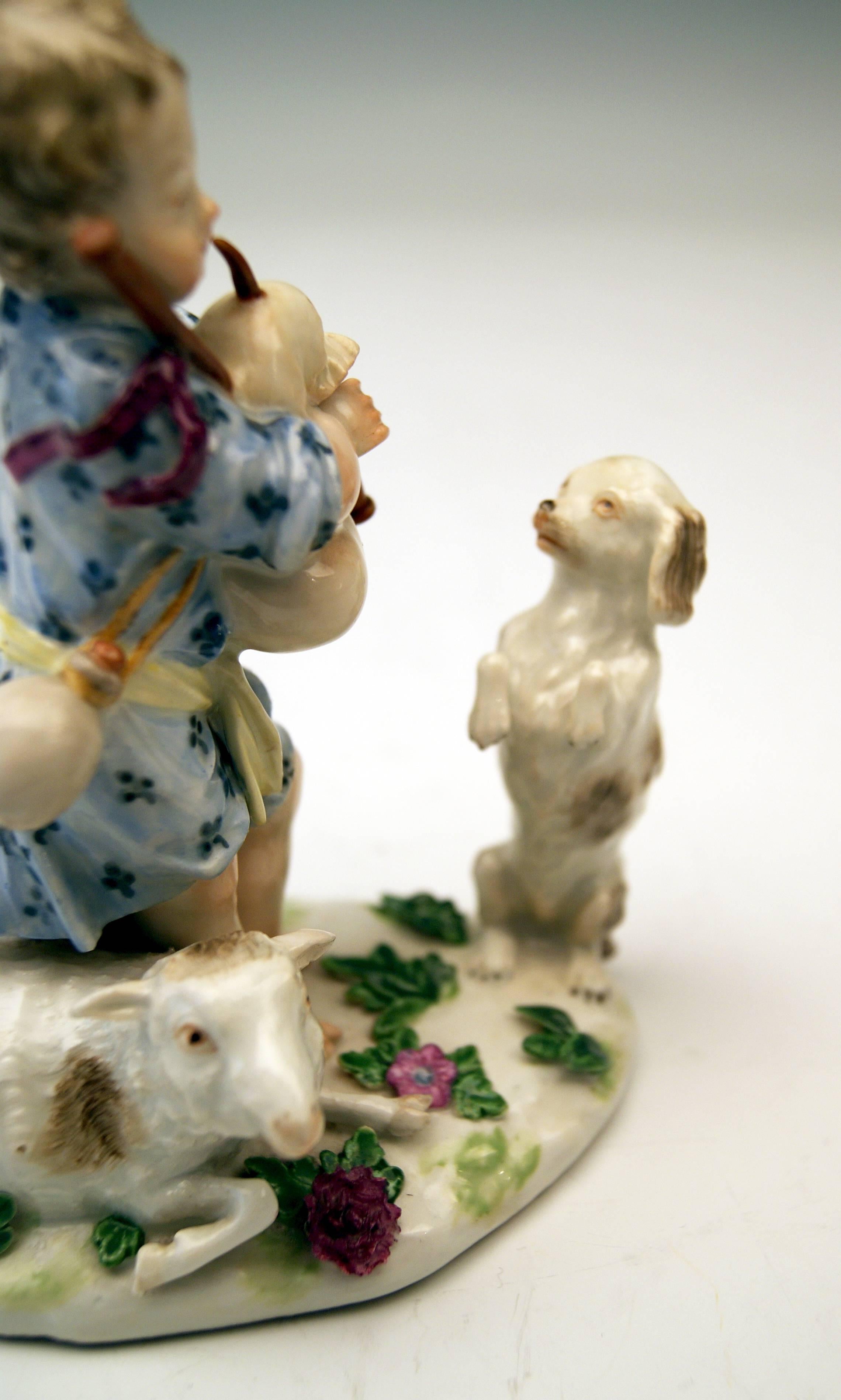 Rococo Meissen Lovely Shepherd with Bagpipes Watched by Sheep and Dog, circa 1750