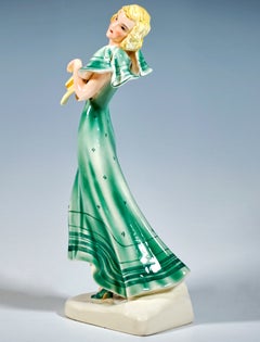 Goldscheider Art Deco Figure, Striding Girl With Hat, by Stephan Dakon, Ca. 1934