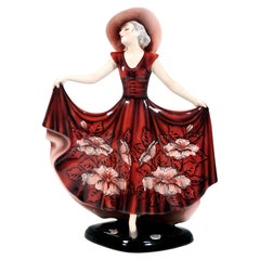 Goldscheider Art Deco Figure, Posing Dancer With Hat, by Josef Lorenzl, Ca 1939