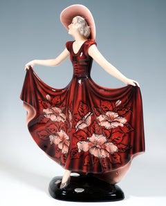 Goldscheider Art Deco Figure, Posing Dancer With Hat, by Josef Lorenzl, Ca 1939