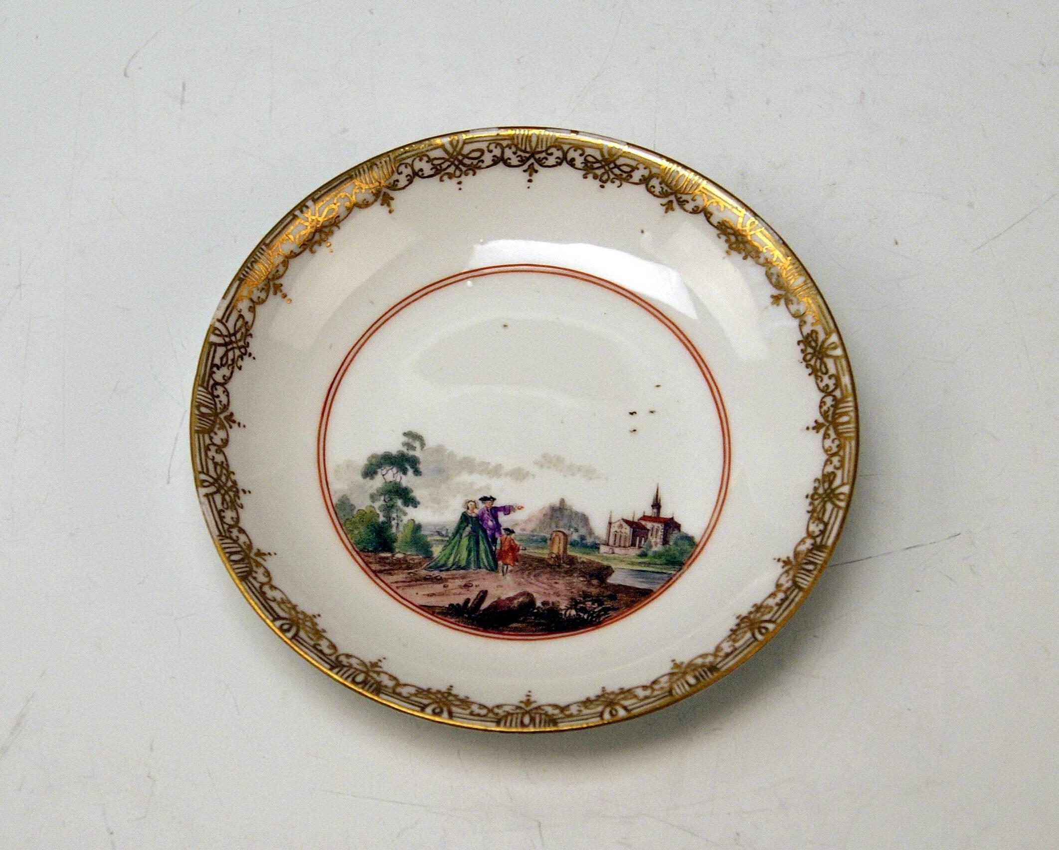 German Meissen Small Painted Cup and Saucer Baroque Period Vintage C, circa 1735-1740