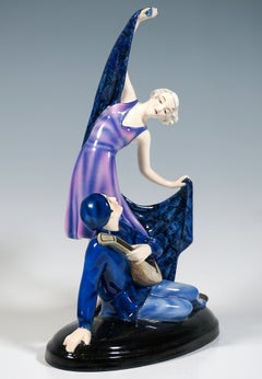 Goldscheider Vienna Art Deco Group, Posing Dancer & Pierrot, by Lorenzl, Ca 1933