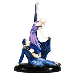 Goldscheider Vienna Art Deco Group, Posing Dancer & Pierrot, by Lorenzl, Ca 1933