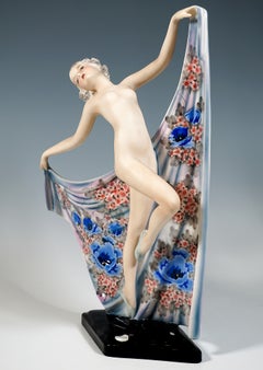 Goldscheider Vienna, Nocturno, Nude Art Deco Dancer Posing With Shawl, Ca. 1939