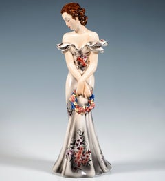 Goldscheider Vienna, Summer Evening, Elegant Lady With Wreath Of Flowers, c 1939