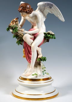 Large Meissen Porcelain Figure, Cupid Feeding The Nightingales, R. Hölbe, C 1890
