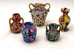 Satz von fünf schönen Vasen aus Muranoglas Millefiori:: um 1910