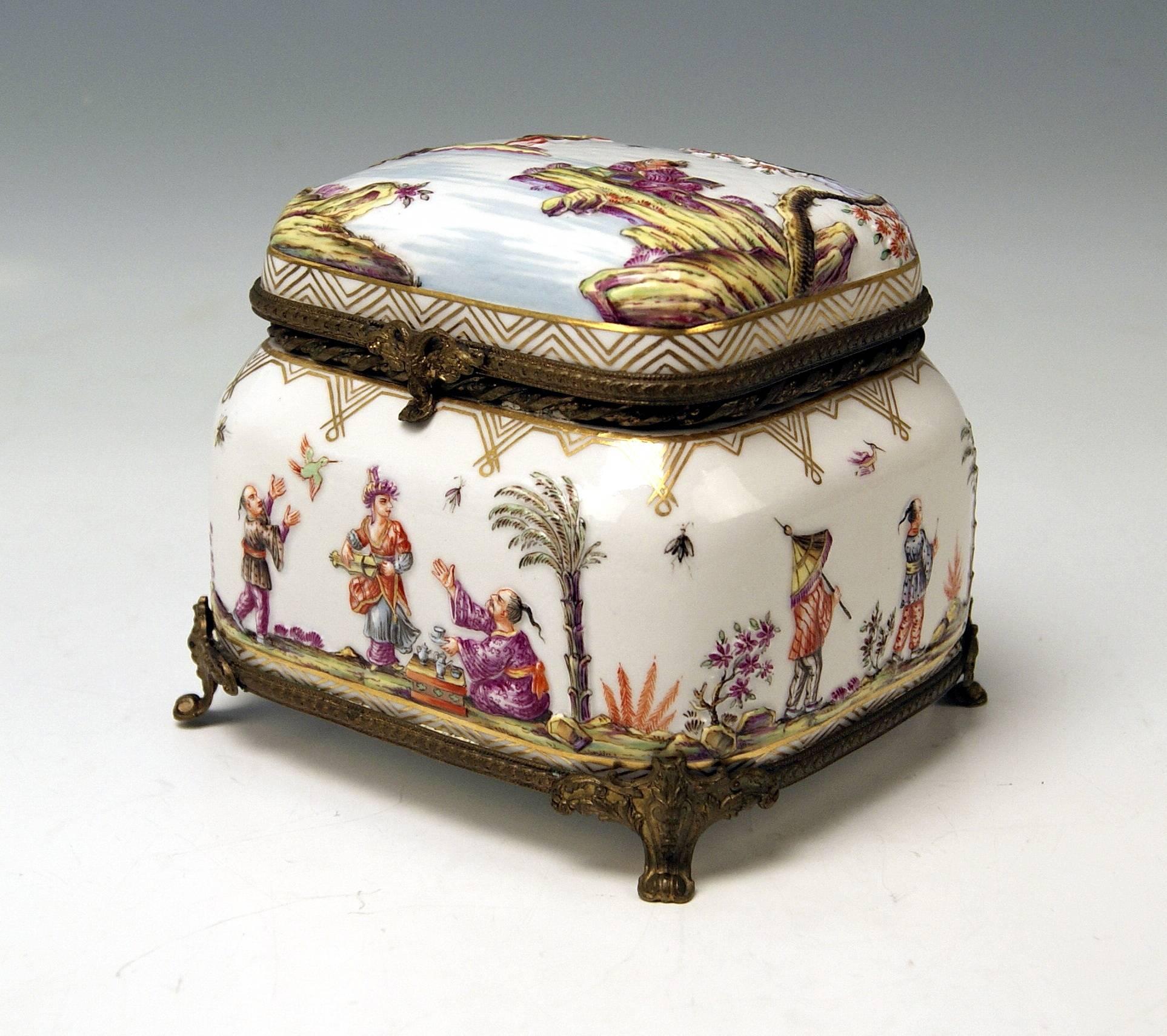 Baroque Meissen Painted Lidded Box Relief Decoration Chinoiserie Brass Mountings c.1850