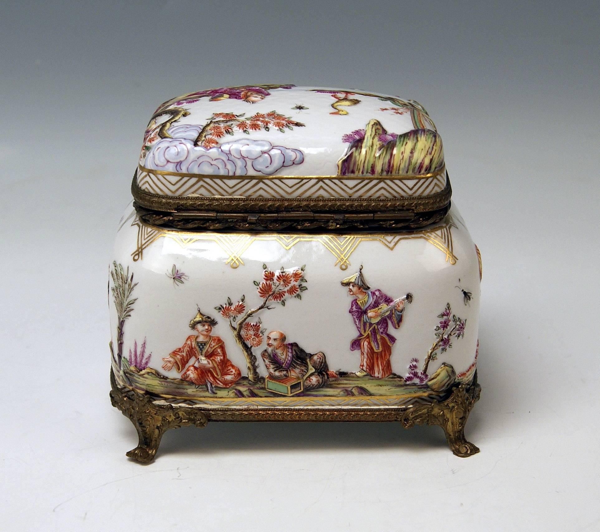German Meissen Painted Lidded Box Relief Decoration Chinoiserie Brass Mountings c.1850