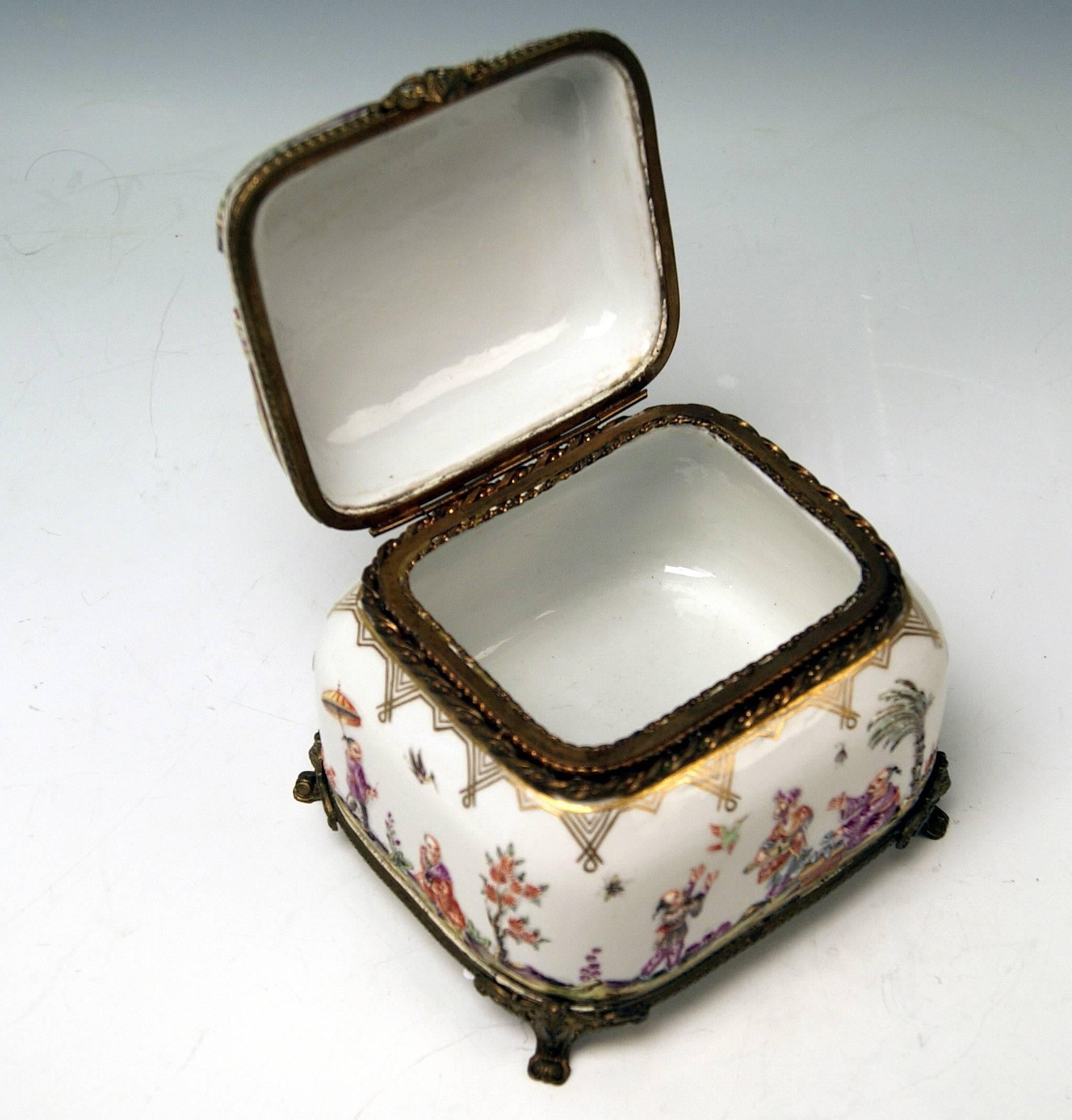 19th Century Meissen Painted Lidded Box Relief Decoration Chinoiserie Brass Mountings c.1850