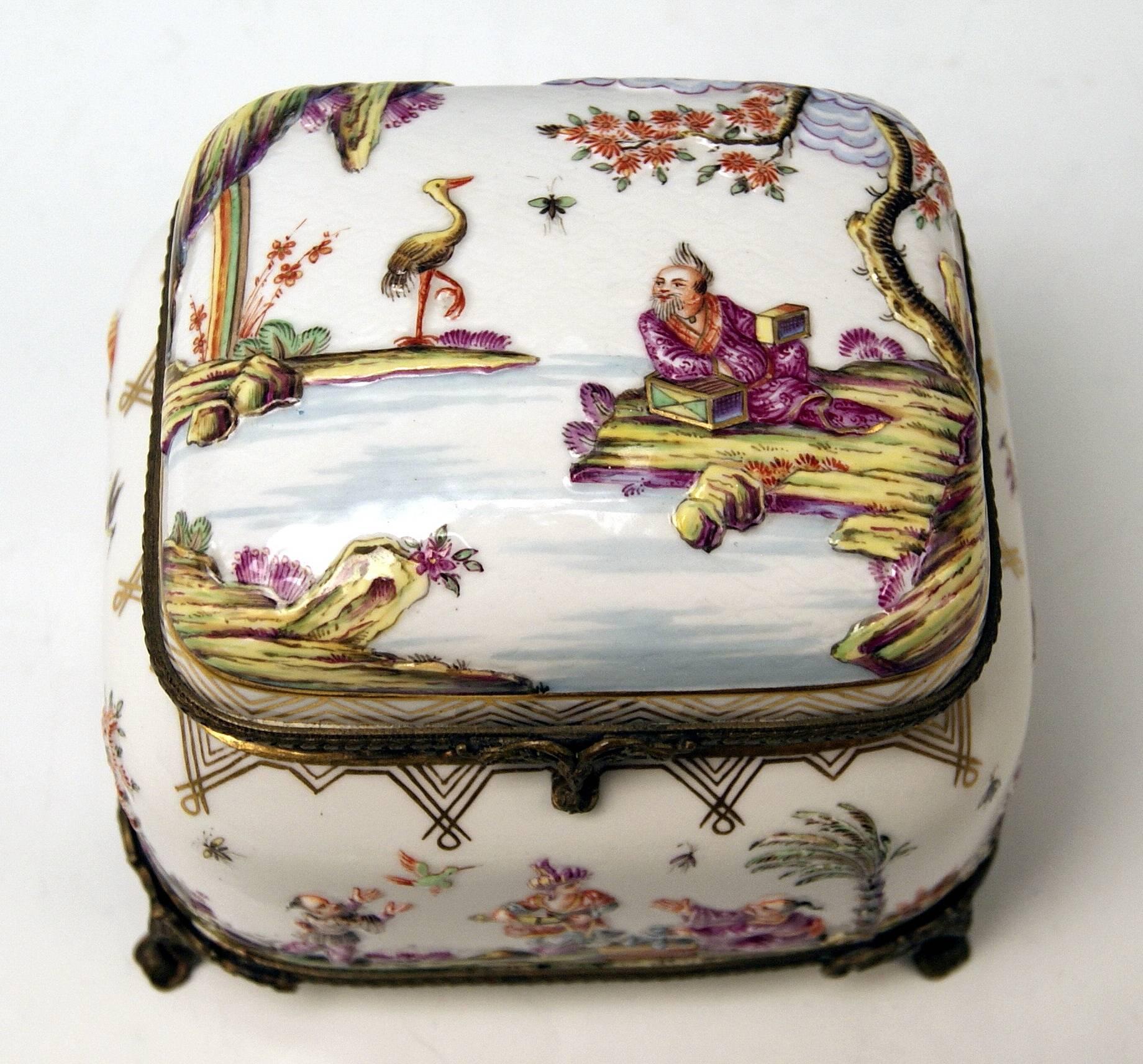 Porcelain Meissen Painted Lidded Box Relief Decoration Chinoiserie Brass Mountings c.1850