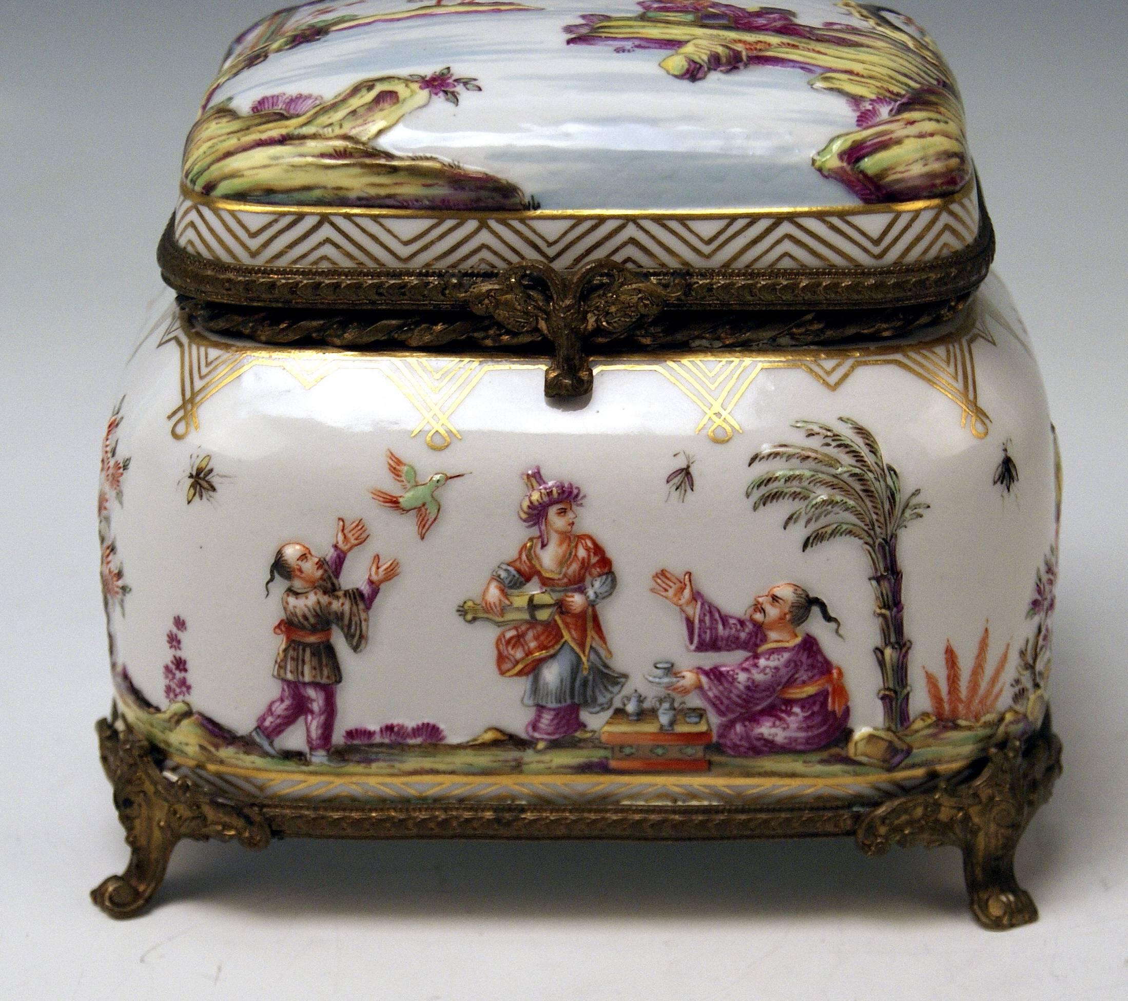 Meissen Painted Lidded Box Relief Decoration Chinoiserie Brass Mountings c.1850 1