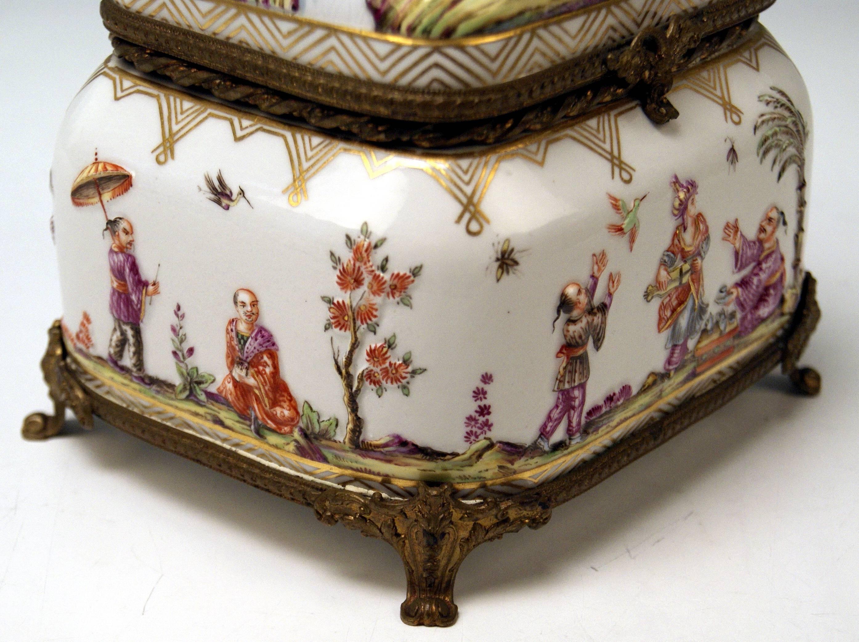 Meissen Painted Lidded Box Relief Decoration Chinoiserie Brass Mountings c.1850 3