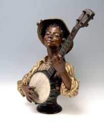 Goldscheider Friedrich Metal Alloy Paris France Boy Playing Banjo, circa 1895