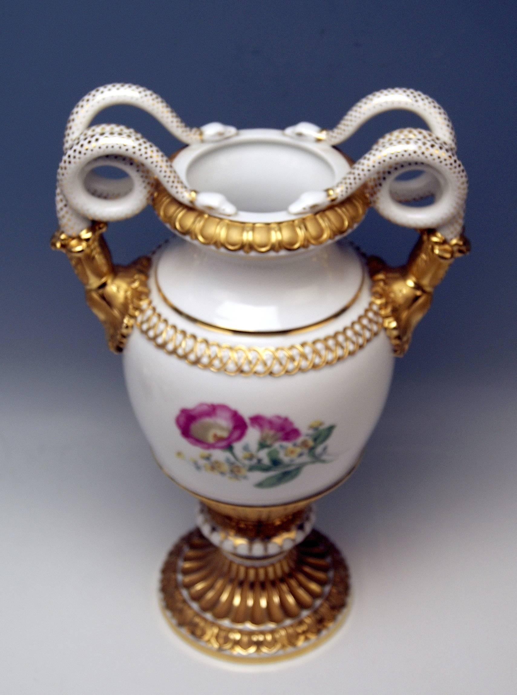 Neoclassical Meissen Snake Handles Vase Nice Flowers Morning Glory, circa 1950