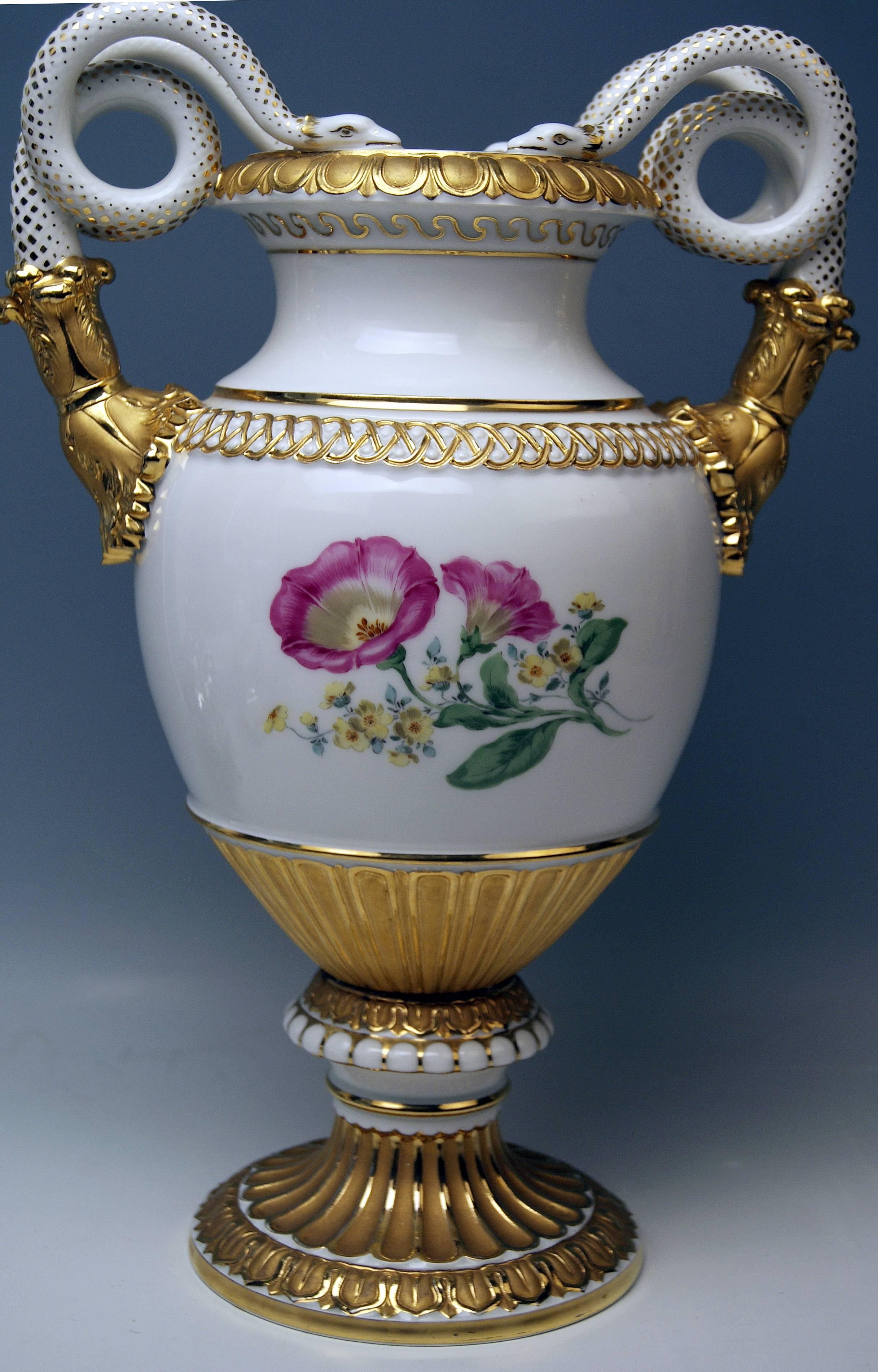 20th Century Meissen Snake Handles Vase Nice Flowers Morning Glory, circa 1950