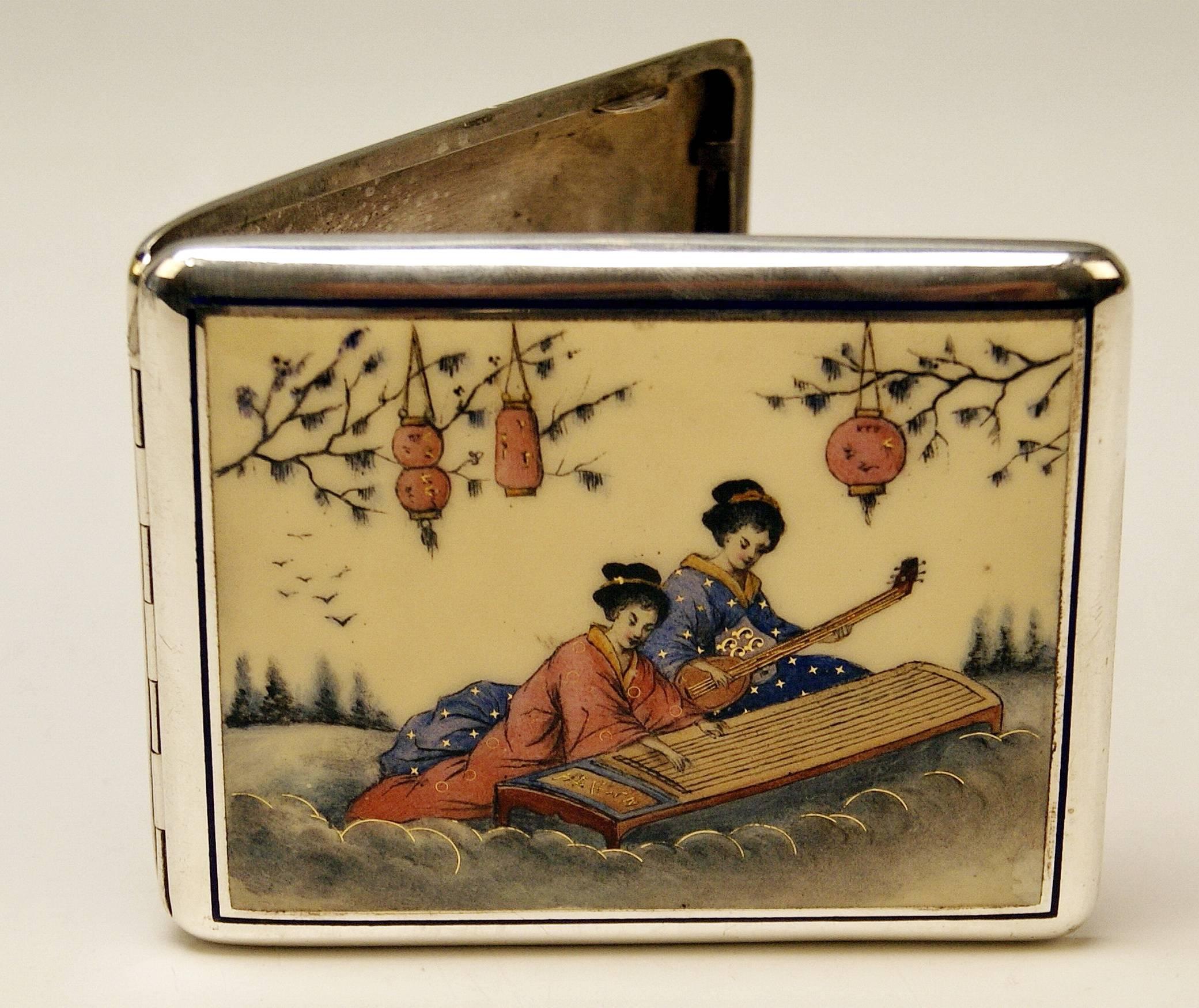 Painted Austrian Silver Cigarette Box Enamel Painting, Chinese Musicians circa 1910