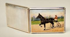 Austrian Silver Cigarette Box Enamel Painting Vintage Sulky Driver, circa 1925