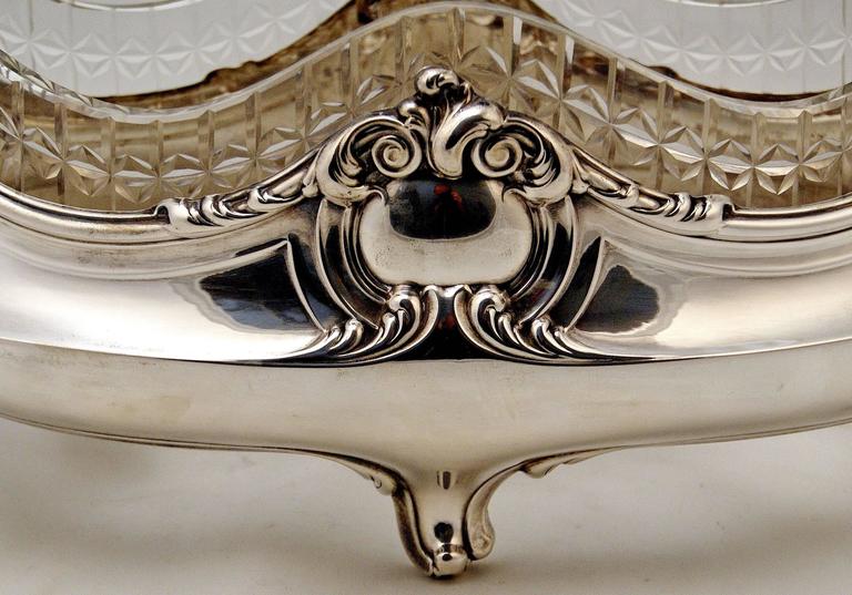 Etched Silver Italian Large Stunning Flower Bowl with Glass Liner Made, circa 1880 For Sale