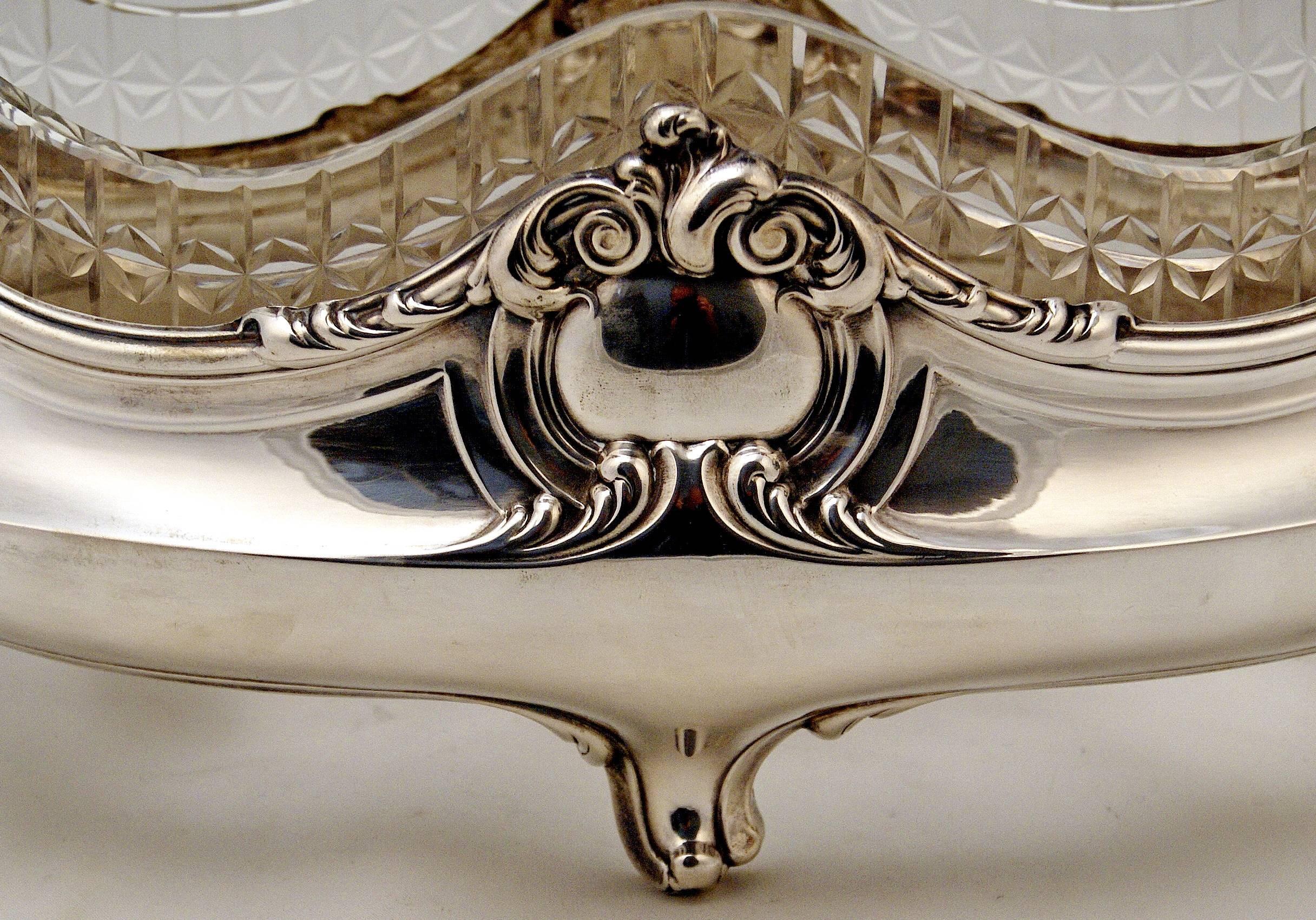 Etched Silver Italian Large Stunning Flower Bowl with Glass Liner Made, circa 1880 For Sale