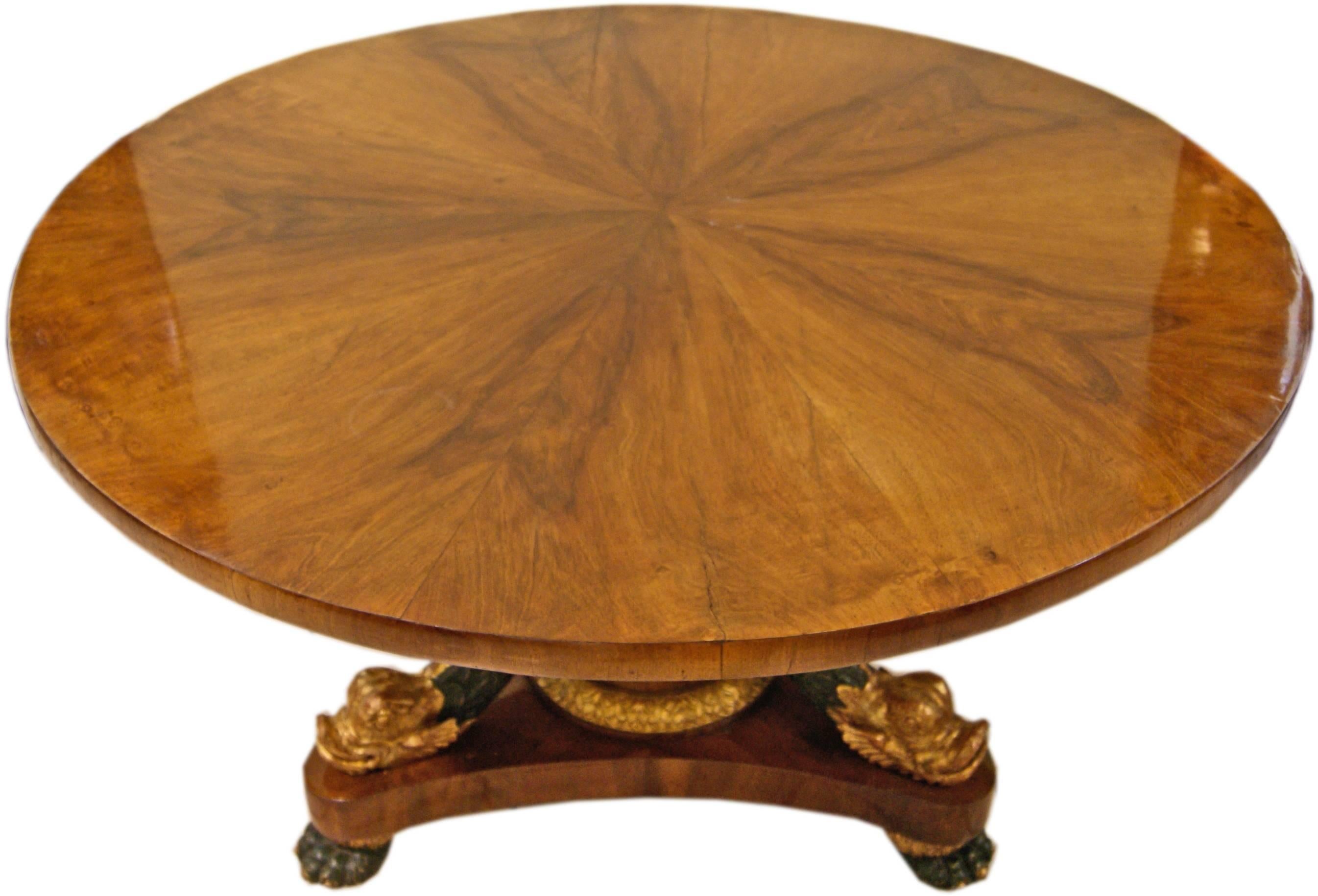 Biedermeier Vienna gorgeous table for parlor 
(authenticity guaranteed!).

Technique / material:
The table is made of massive wood (the table's plate and column have nut wood veneer). The abundant sculptured decorations are made of wood consisting
