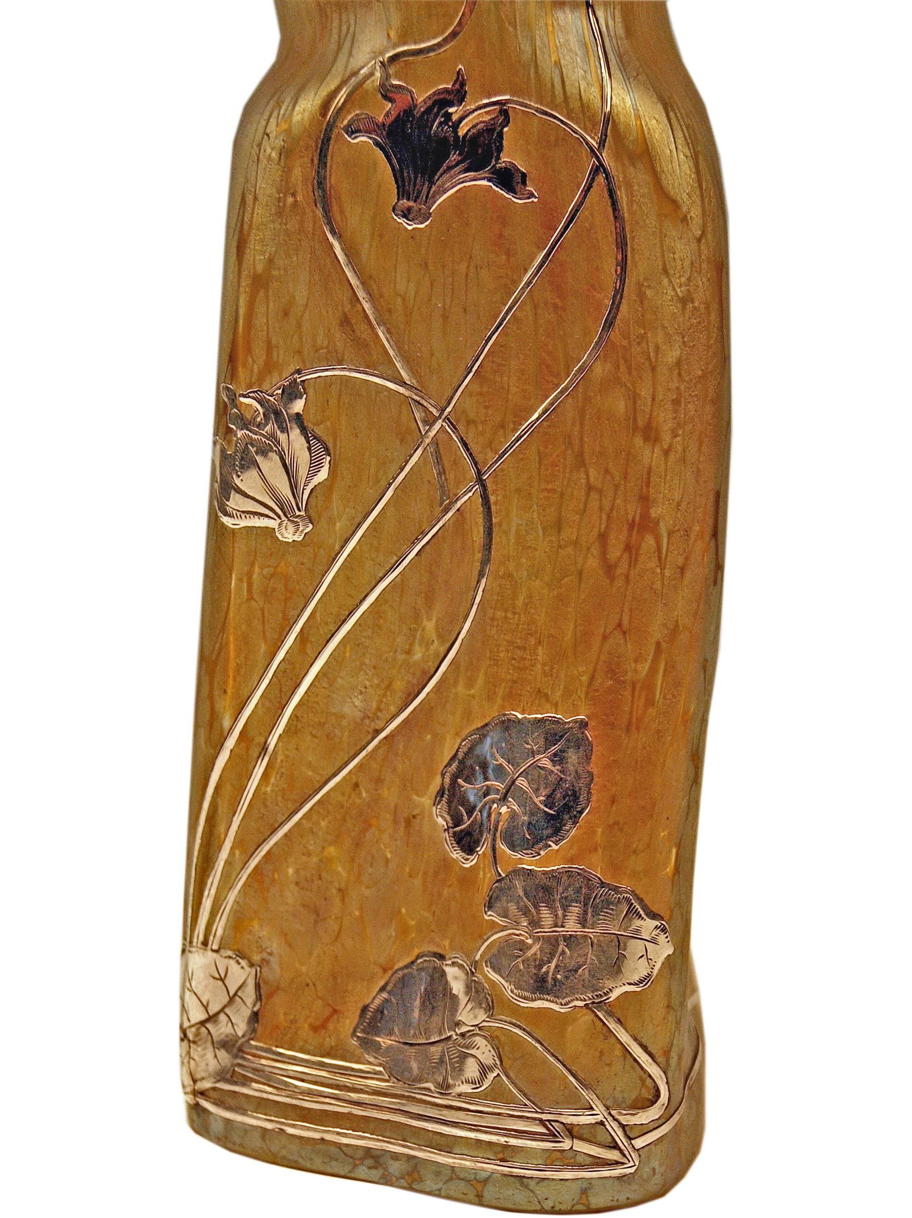 Early 20th Century Vase Loetz Widow Art Nouveau Candia Papillon Silver Mountings Cyclamens c.1900