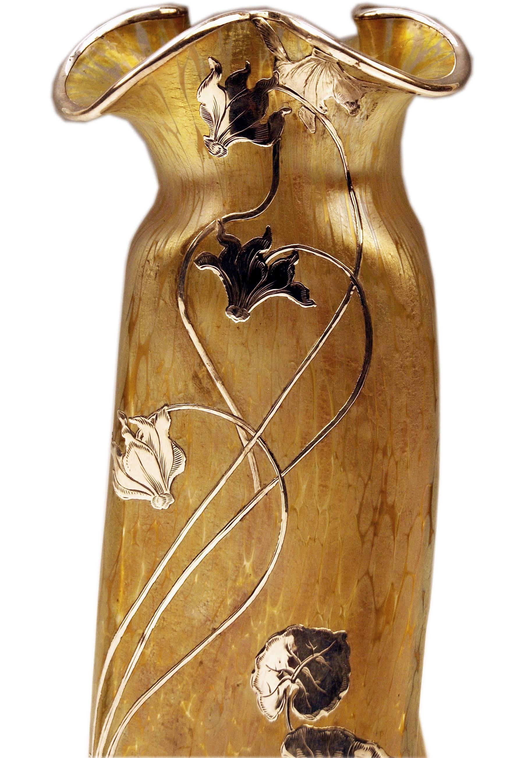 Glass Vase Loetz Widow Art Nouveau Candia Papillon Silver Mountings Cyclamens c.1900