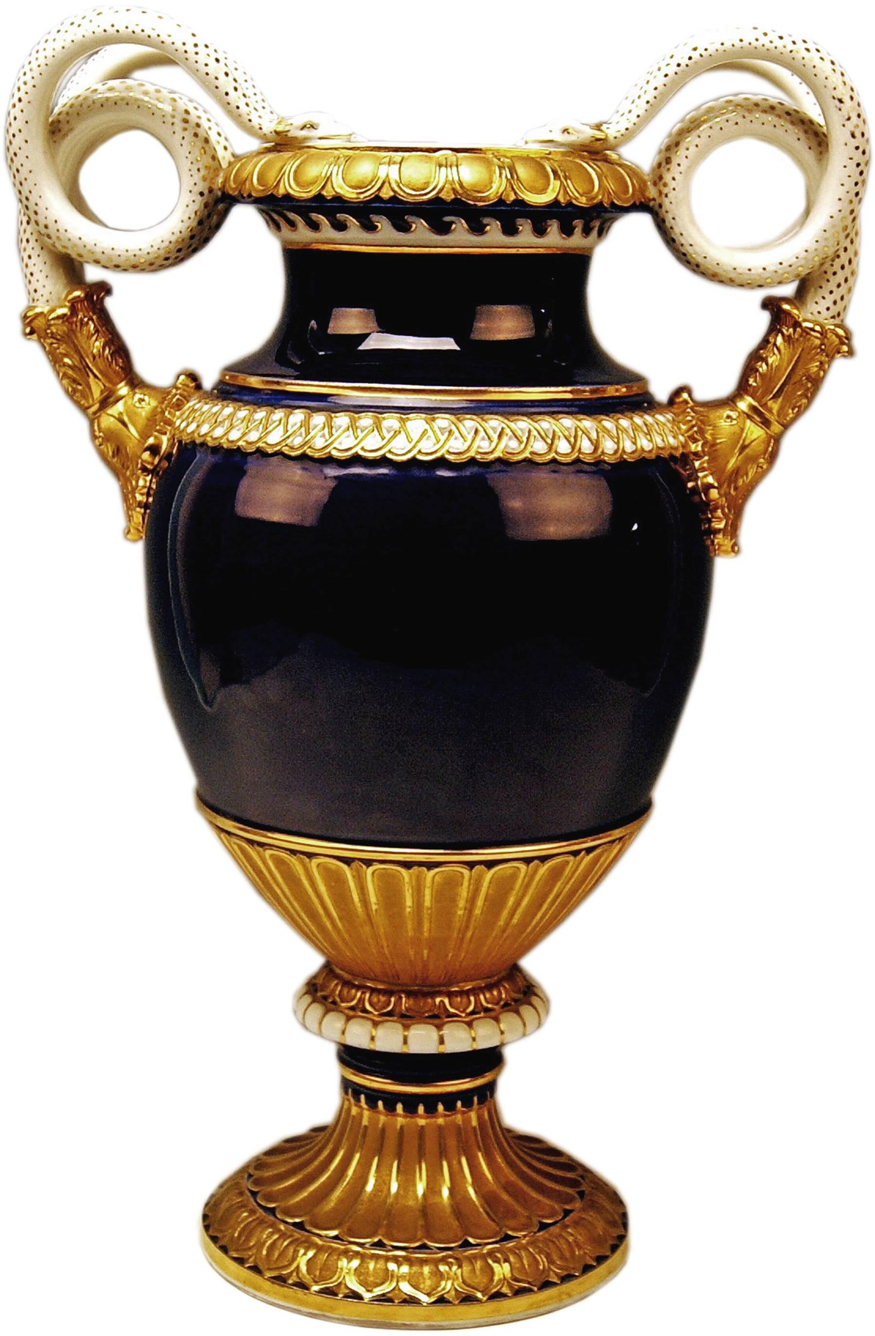 Meissen Gorgeous & Rarest Huge Snake handles vase of finest manufacturing quality.
Height: 48.5 cm (= 19.09 inches).
Width (measured from one handle to other): 32.5 cm (= 12.79 inches).
Diameter of base: 19.0 cm (= 7.48 inches).

Manufactory: