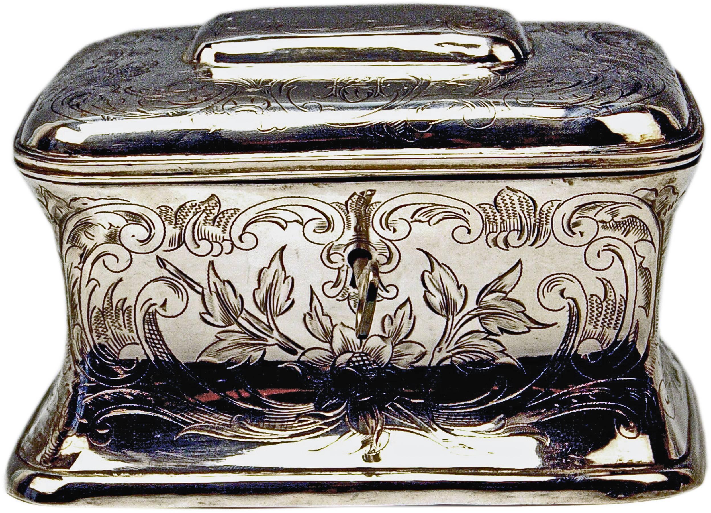 Austrian silver excellent sugar box.
Manufactured during turn of century (made, circa 1900).

It is a stunning Viennese sugar box shaped as chest having tapering walls as well as rounded edges. The box has to be closed by slightly domed lid: