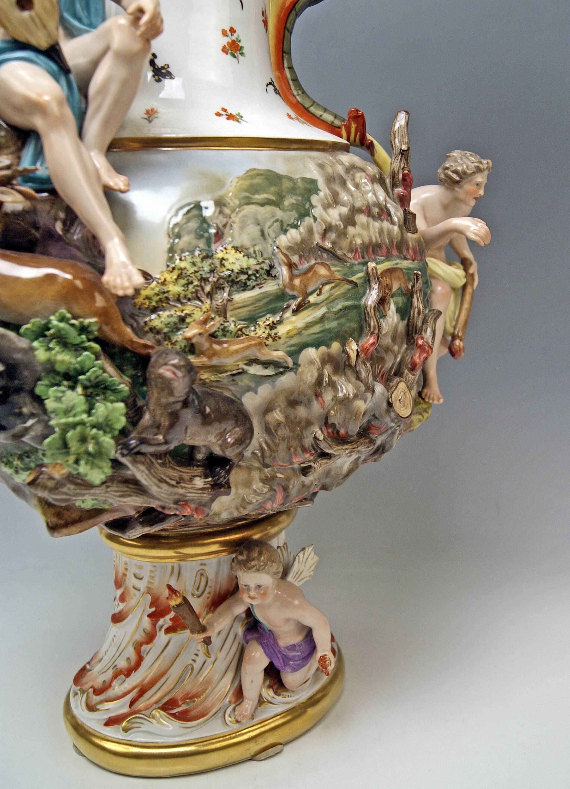 Porcelain MEISSEN HUGE EWER THE FIRE FOUR ELEMENTS BY KAENDLER height 26.18 inches c.1860