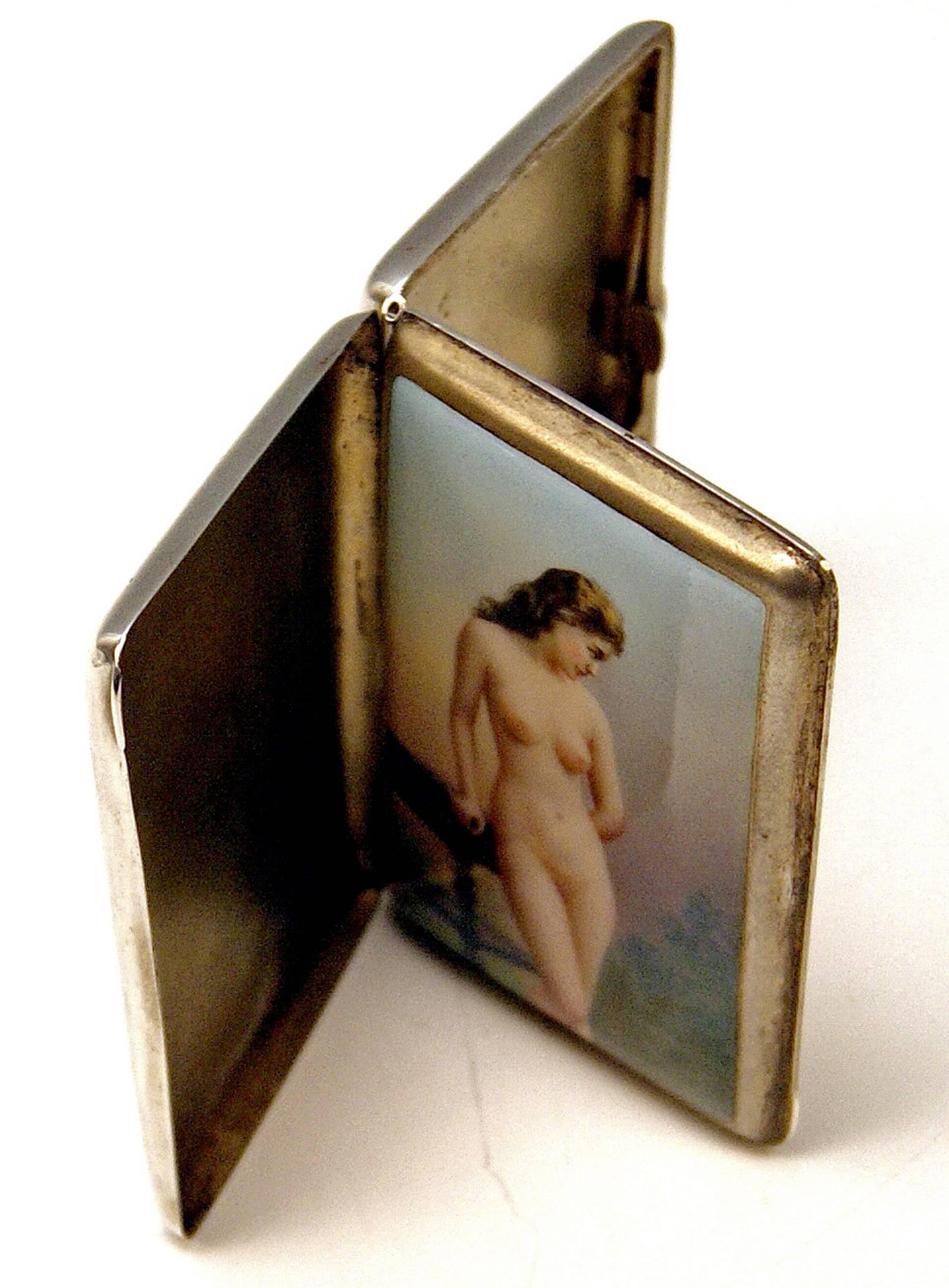 19th Century Silver Erotica Cigarette Case Painting Vintage Lady Nude Germany, circa 1890