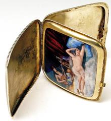 Silver Erotica Cigarette Case Enamel Painting Odalisque Nudes in Boudoir c.1880