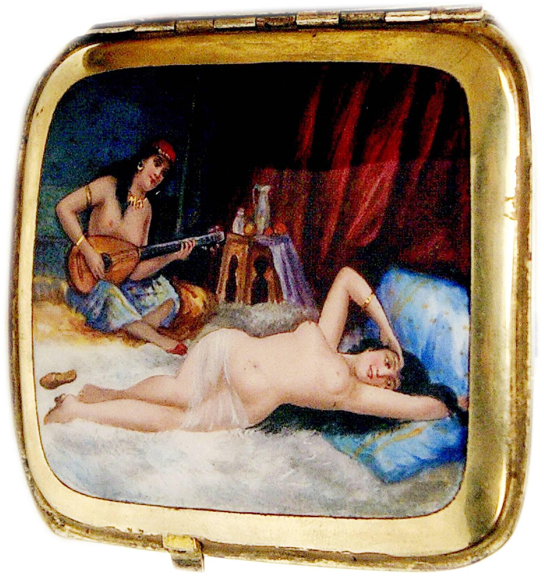 European Silver Erotica Cigarette Case Enamel Painting Odalisque Nudes in Boudoir c.1880
