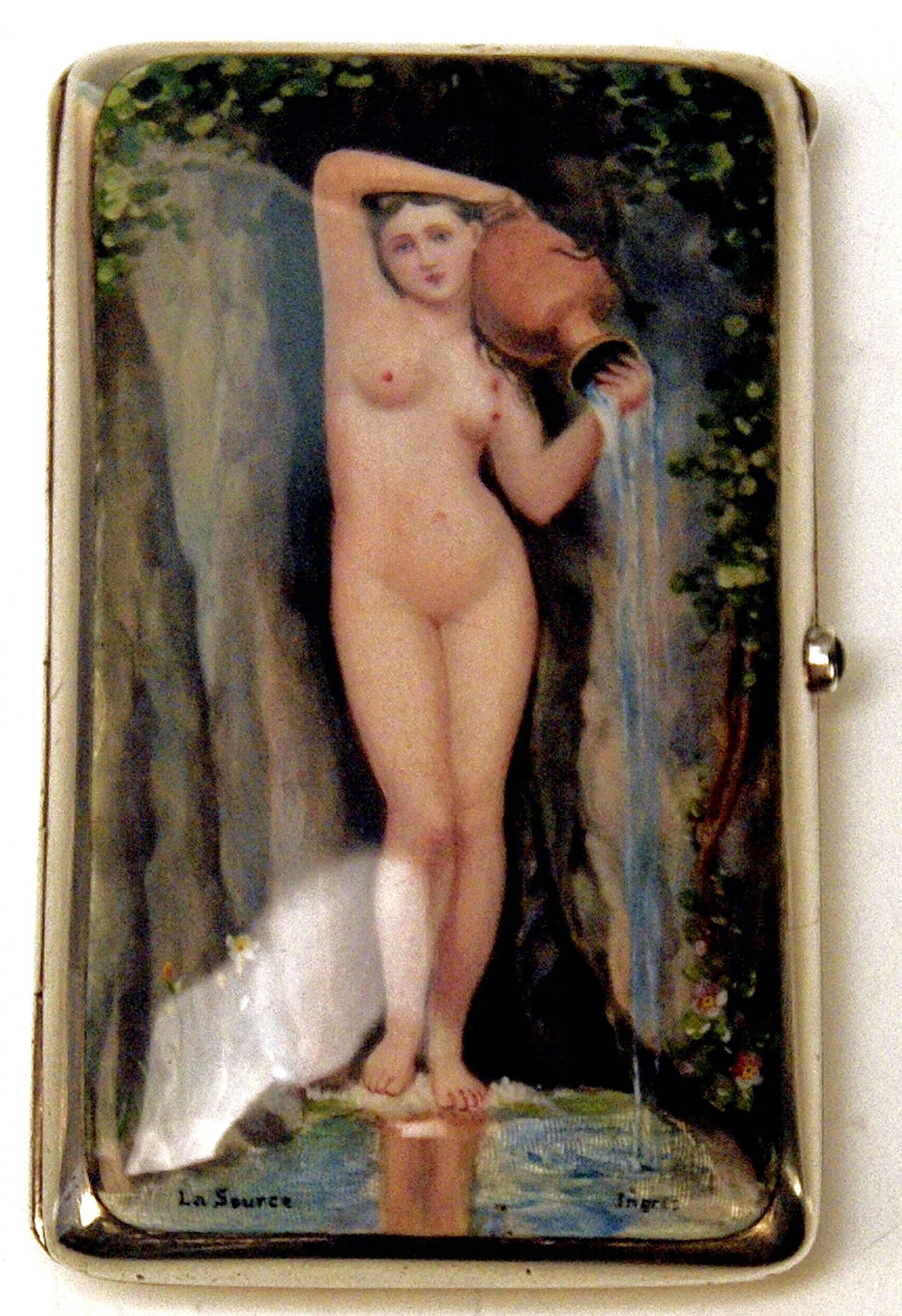 Neoclassical Silver Gorgeous Cigarette Case Enamel Painting The Source Jean A.D.Ingres c.1890