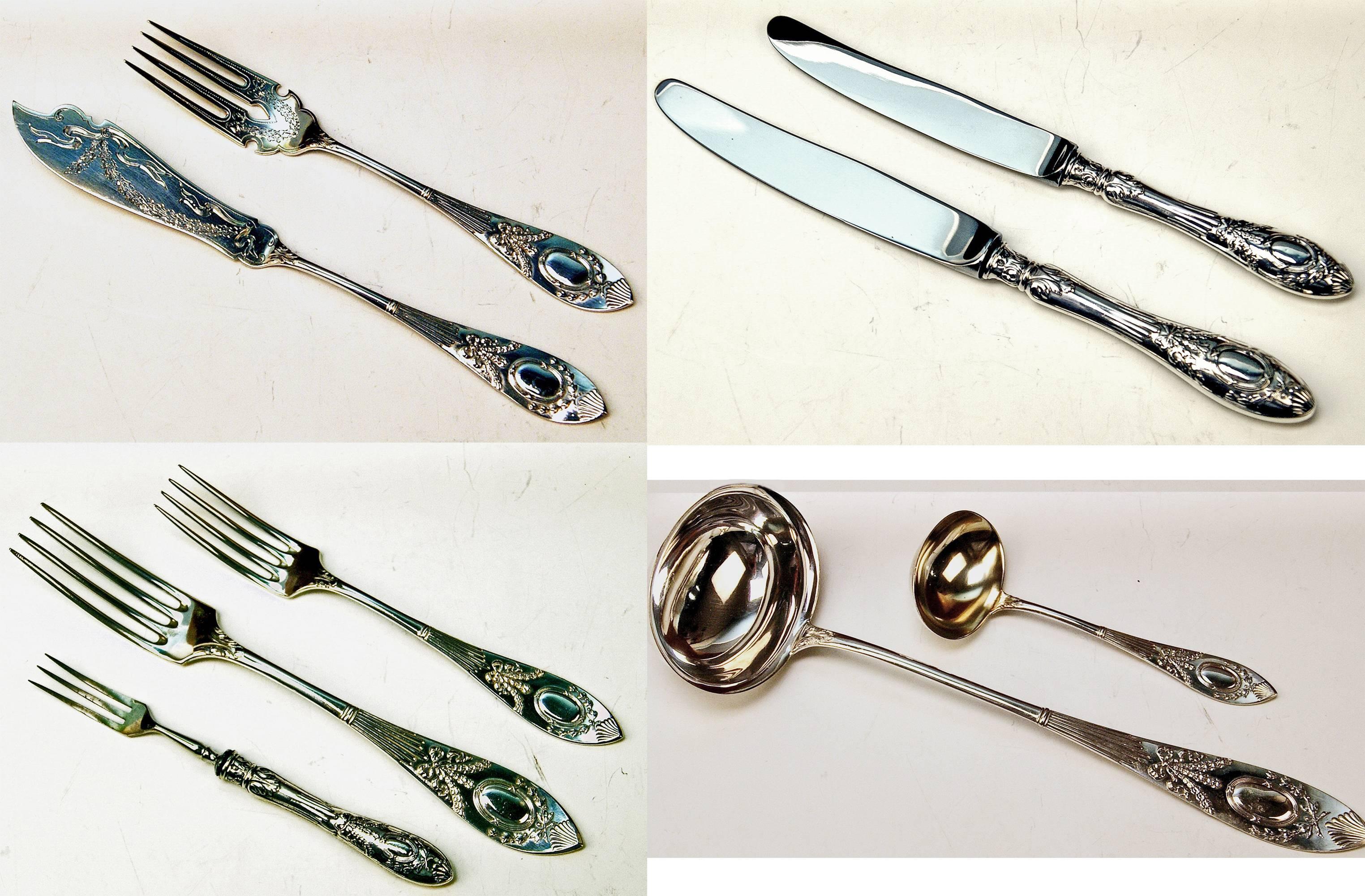 Silver Art Nouveau 116-Piece Flatware Cutlery 12 Pers, Lutz-Weiss Germany c.1900 2