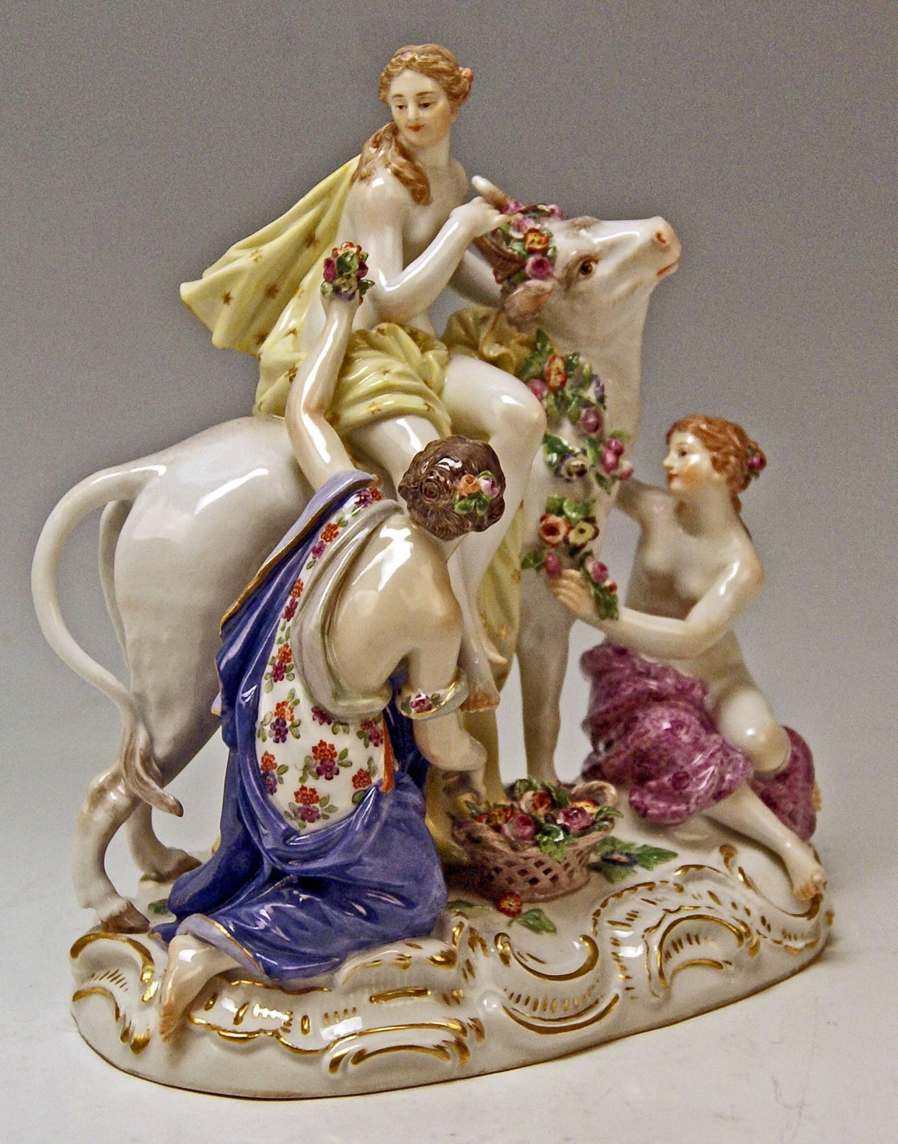 Meissen Gorgeous Figurine Group: 
'Europe Riding on Bull / The Rape of Europe' (Model 2697).
Manufactured, circa 1860.

Specifications:
Europa is sitting on the bull which is metamorphosed Greek God Zeus who had fallen in love with her (for