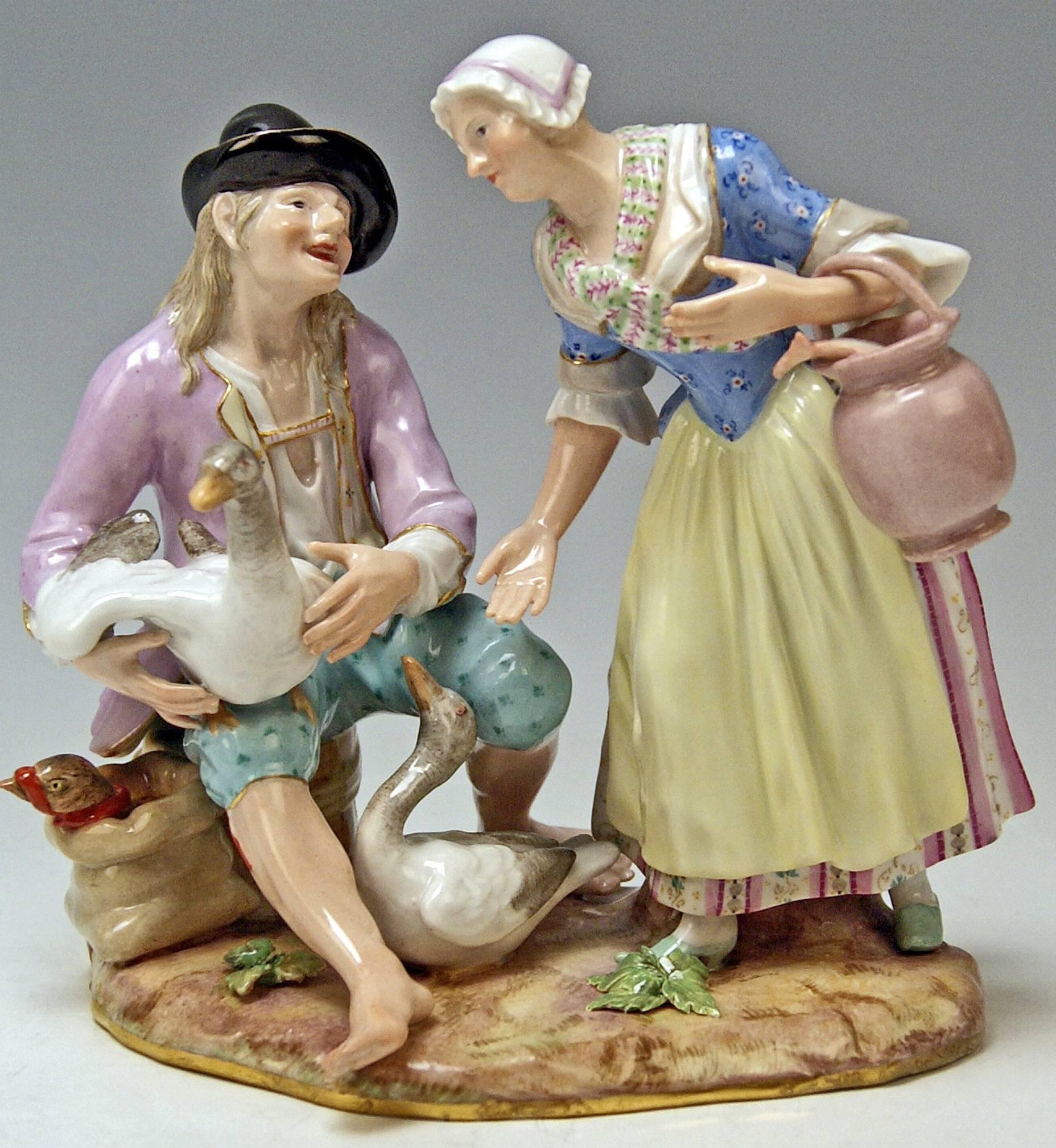 Vernissé Rare groupe de figurines de Meissen The Deal with Geese par Circle of J.J.Kaendler, vers 1870 en vente